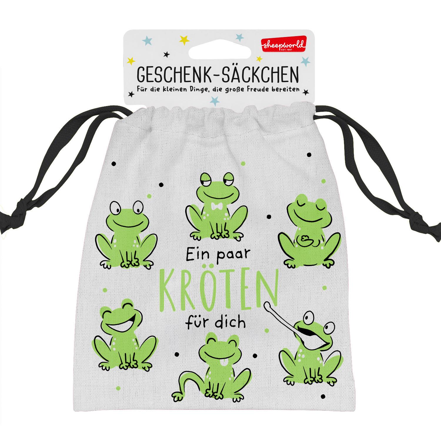 Geldgeschenk-Säckchen mit grünen Fröschen auf grauem Canvas, Zugband, Headerkarte