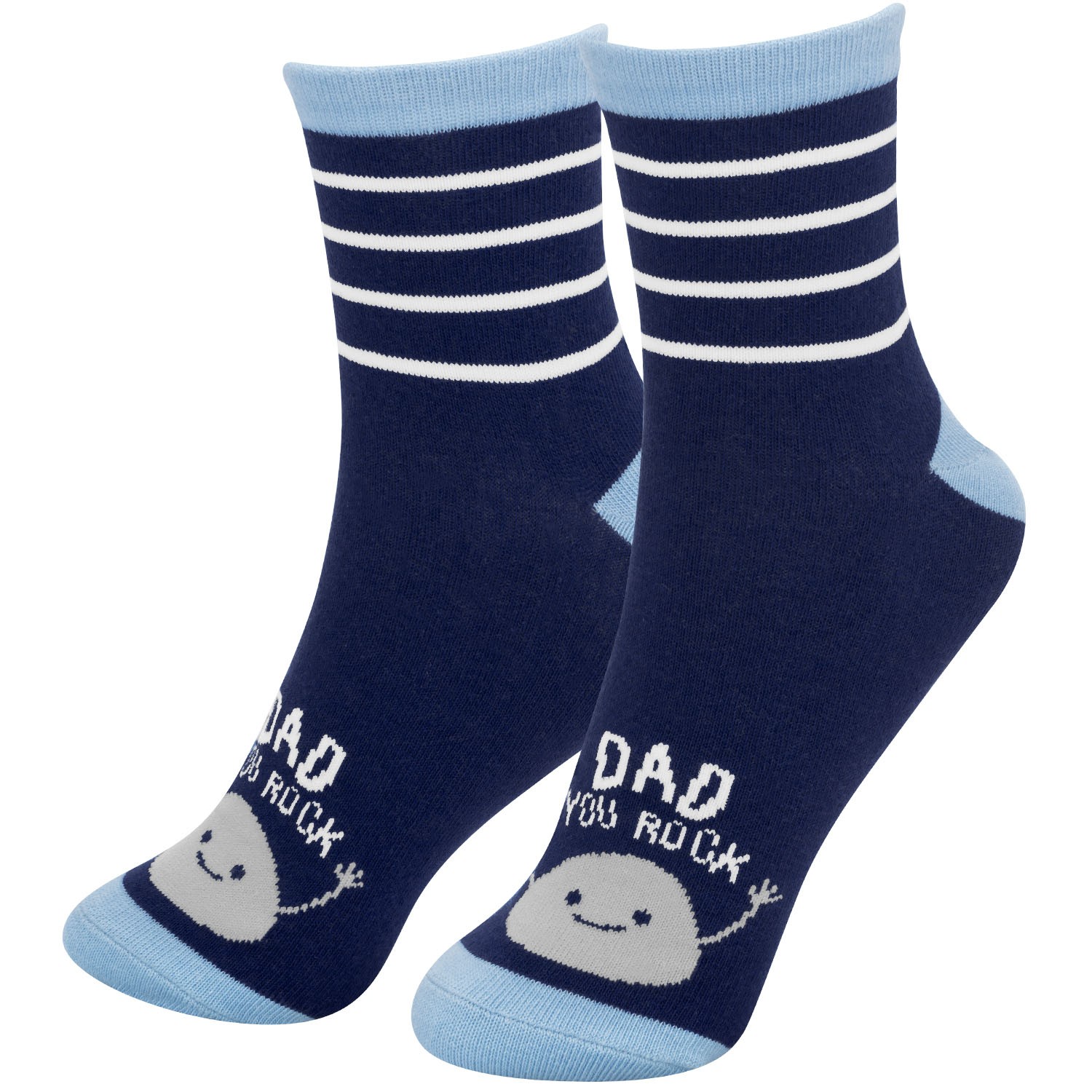 Dunkelblaue Zaubersocken mit hellblauen Akzenten, Schäfchen-Motiv und Aufdruck 'Dad you rock'.