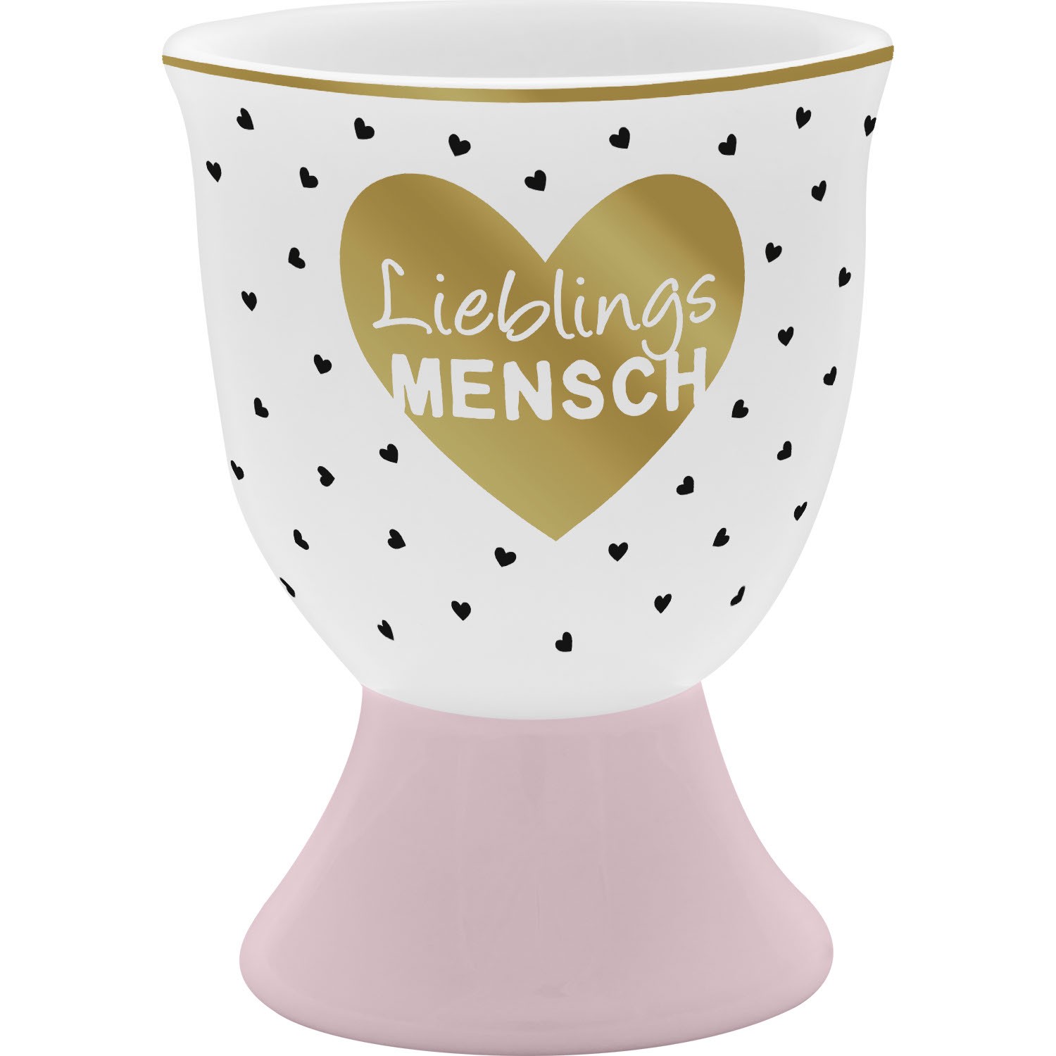 Eierbecher mit Füßchen aus Porzellan, weiß mit goldenem Herz und Golddruck, rosa Sockel