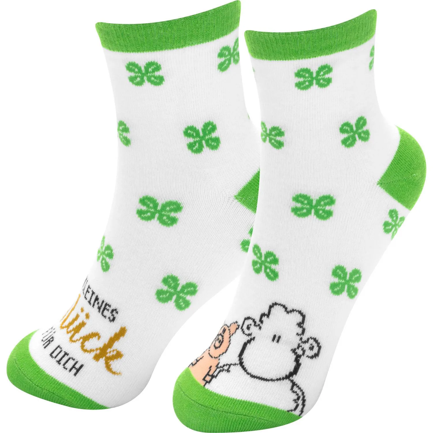Weiße Socken mit grünem Kleeblatt-Muster und Cartoon-Schaf