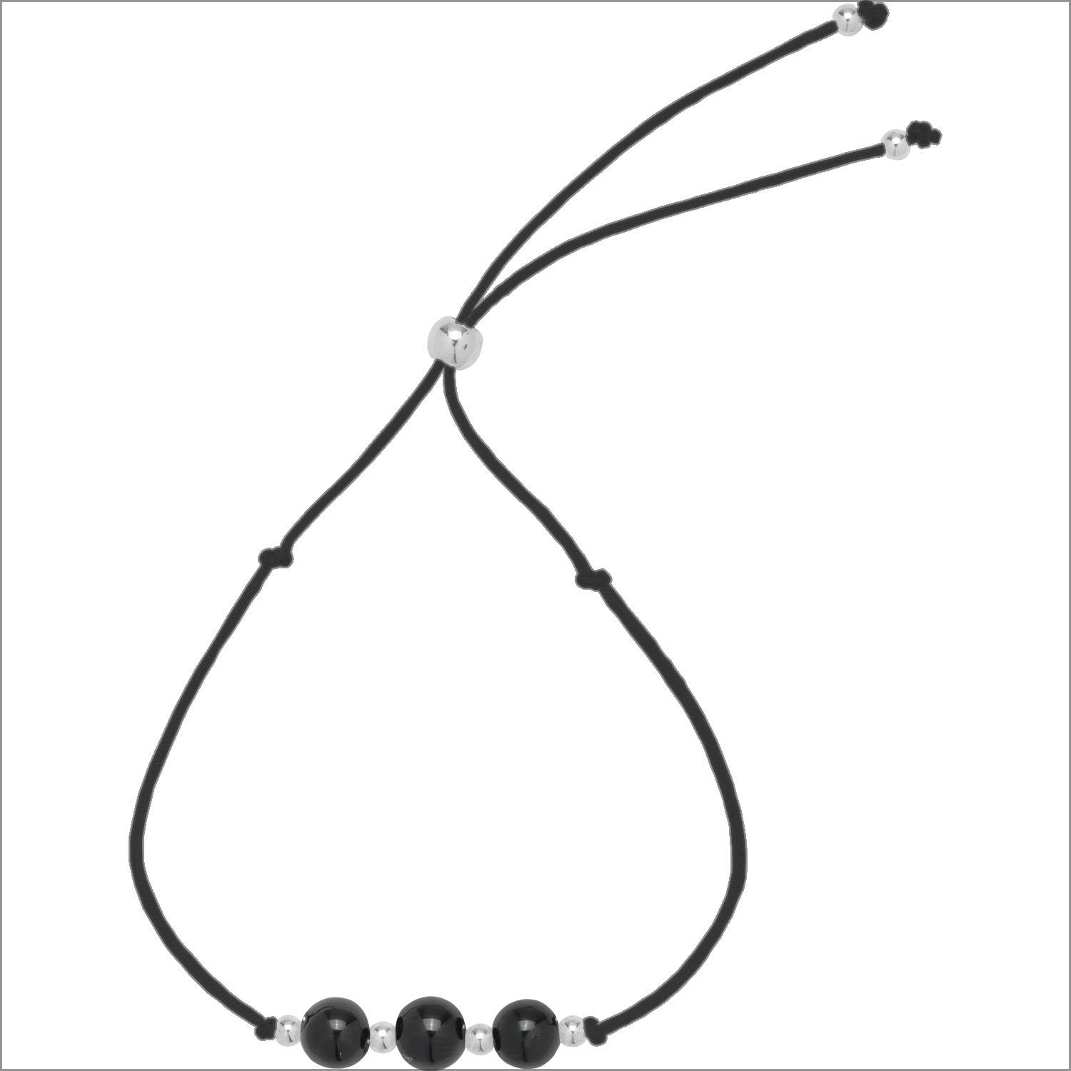 Schwarzes Onyx-Armband auf Schnur mit silbernen Zwischenperlen, verstellbar