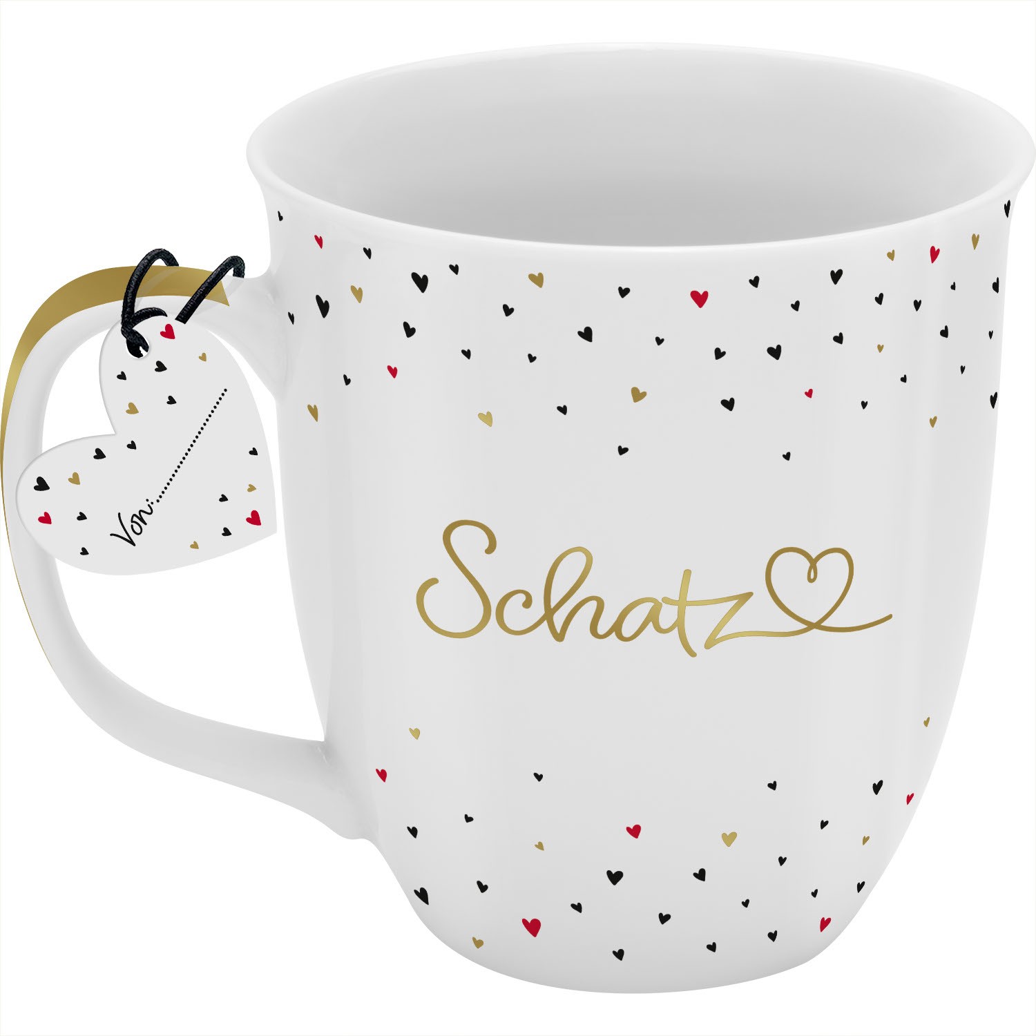 Weiße Porzellan-Tasse mit Goldschrift 'Schatz' und Herzchen-Muster