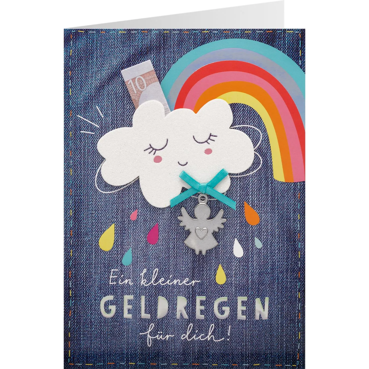 Grußkarte Jeans-Optik mit Wolke, Regenbogen und Schutzengel-Anhänger inkl. Kuvert