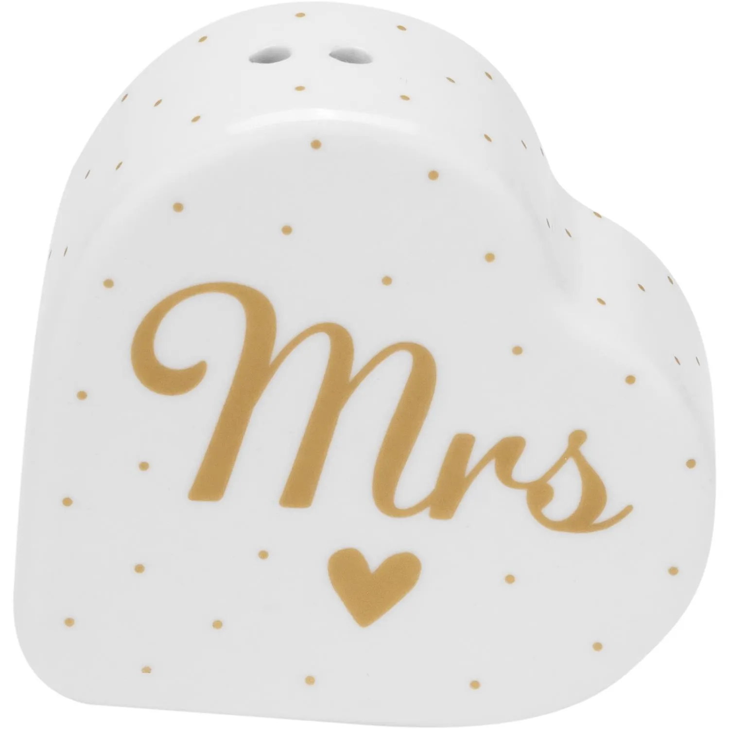 Herzförmiges Porzellan-Salz- und Pfefferstreuer-Set mit Golddruck 'Mrs' und Goldpunkten