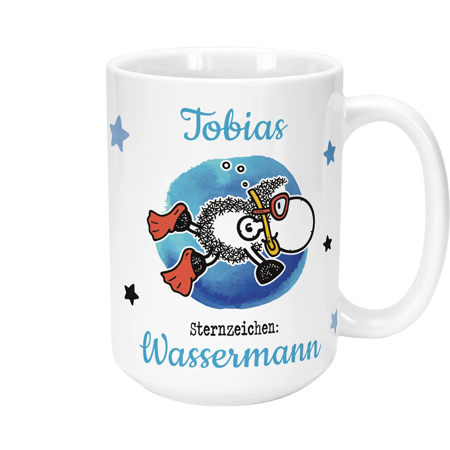 Weiße XL-Tasse Keramik mit Wassermann-Sternzeichen und personalisiertem Namen, stilisiertes Schaf-Motiv.