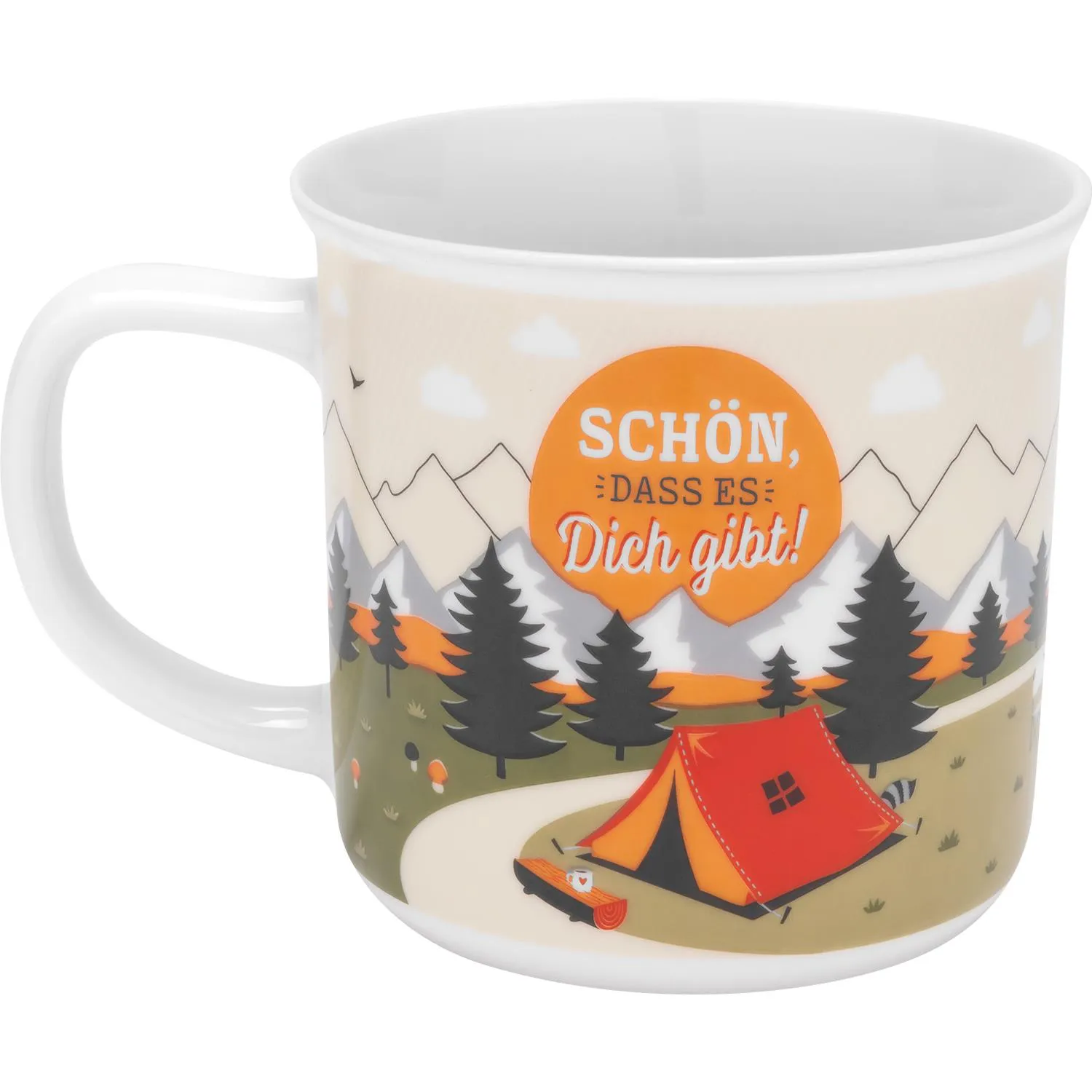 Becher mit Berglandschaft, Zelt und Wald; Orange-Kreis mit dem Text 'Schön, dass es Dich gibt!'