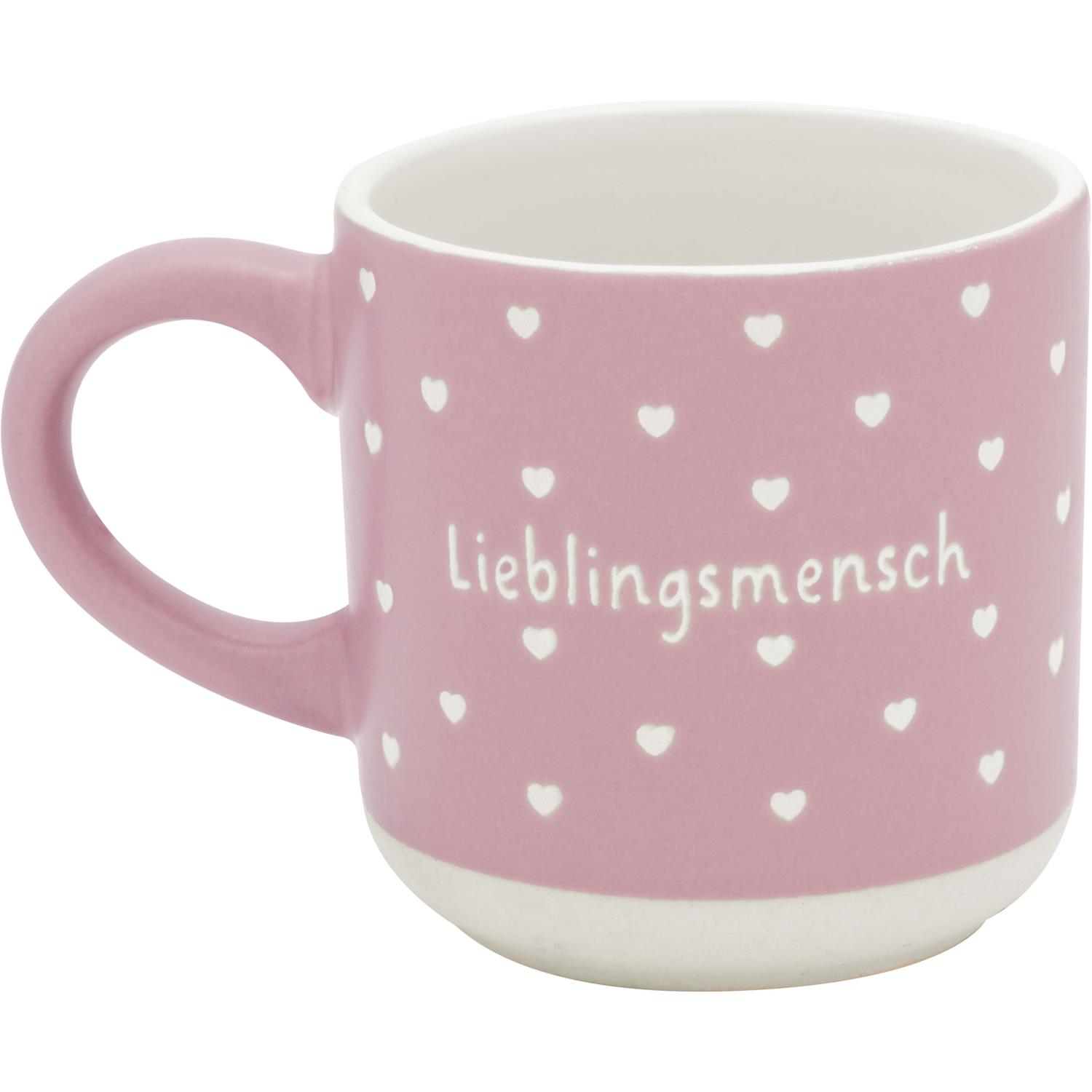 Rosa Tasse mit weißen Herzen und dem Schriftzug Lieblingsmensch.