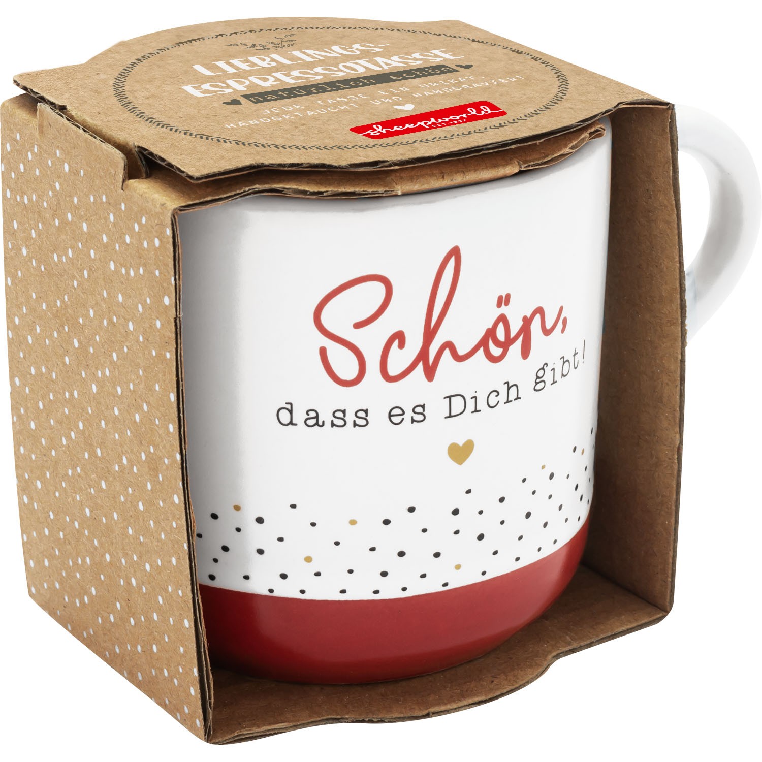 Weiße Espressotasse aus Steinzeug mit rotem Boden und rotem Schriftzug 'Schön, dass es Dich gibt!'