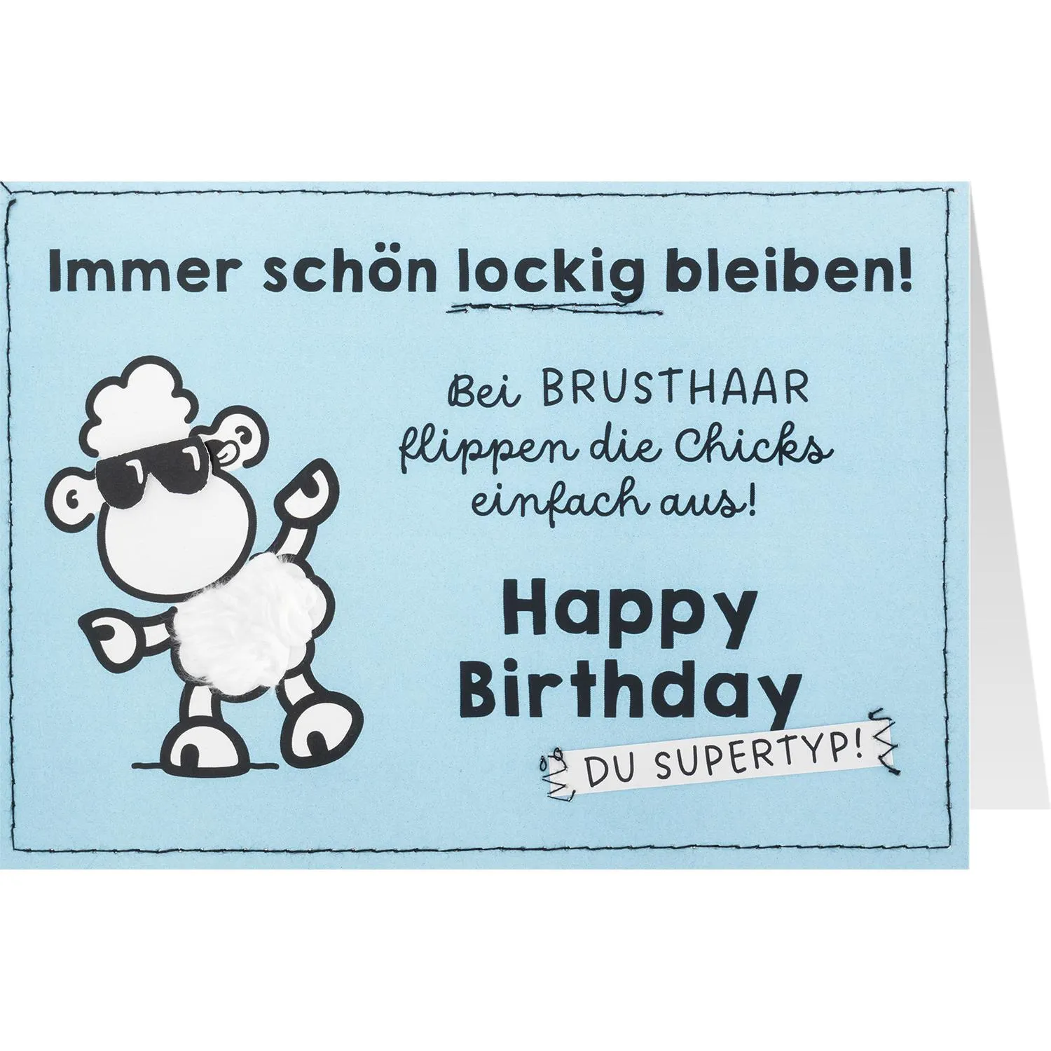 Blaue Geburtstagskarte mit Cartoon-Schaf und Spruch.