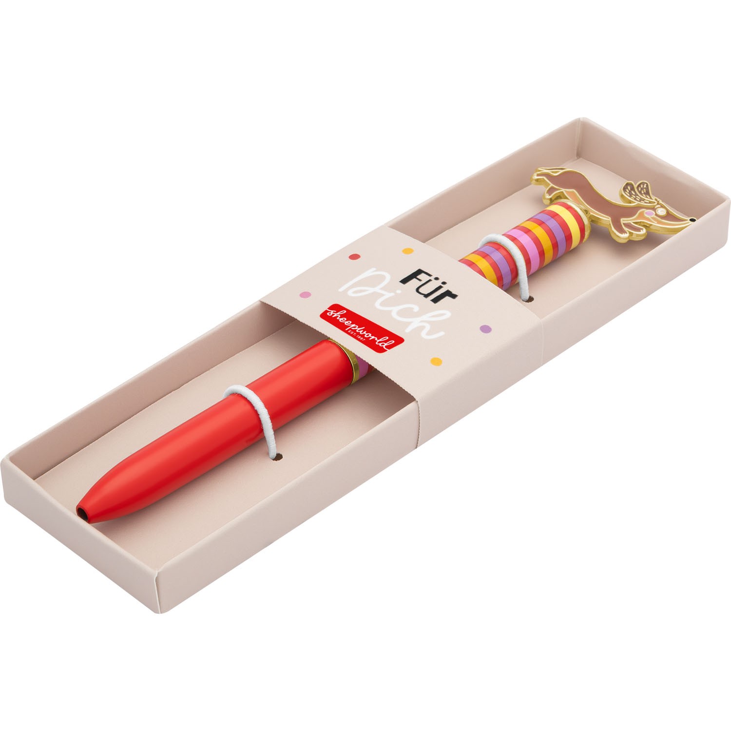 Roter Kugelschreiber mit Dackel-Topper in Geschenkbox