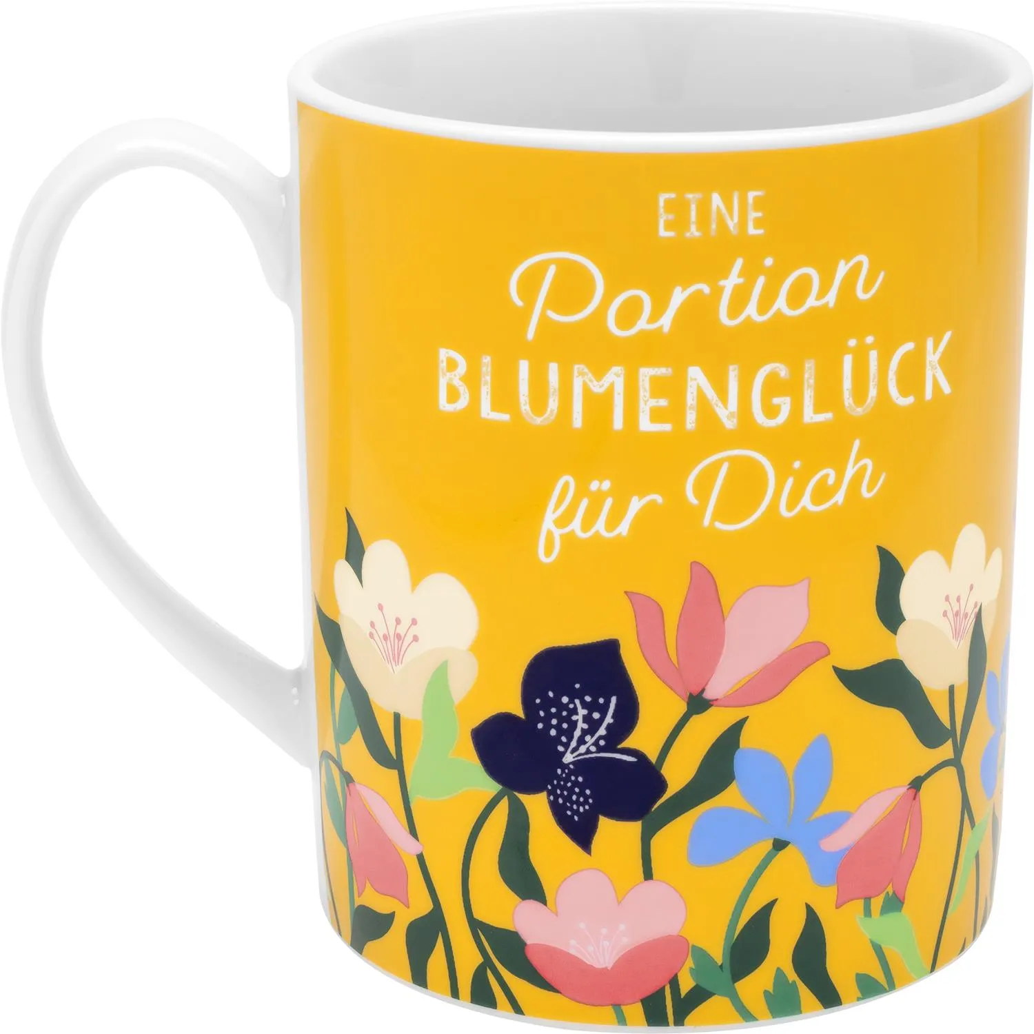 Gelbe XL-Tasse mit buntem Blumenmuster und Schriftzug Eine Portion Blumenglück für Dich