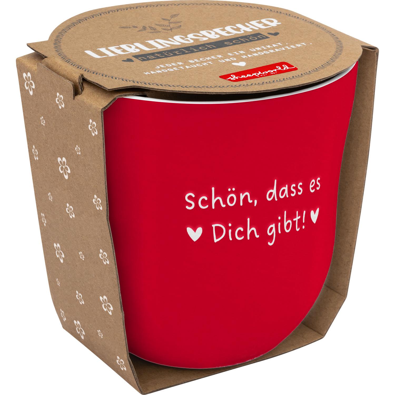 Roter Steinzeug-Becher mit weißem Schriftzug 'Schön, dass es Dich gibt!'