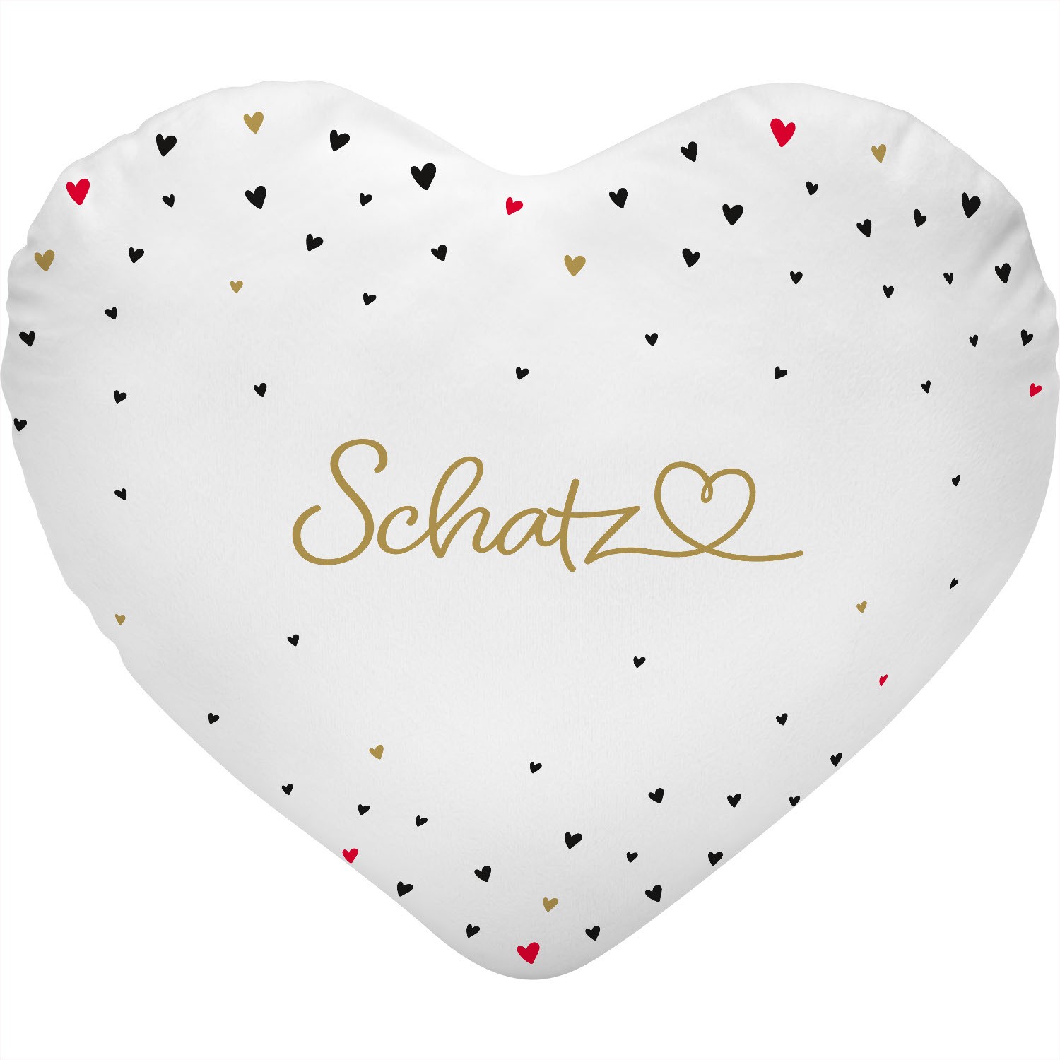 Weißes herzförmiges Plüschkissen mit goldener Schatz-Schrift und kleinen Herzchen
