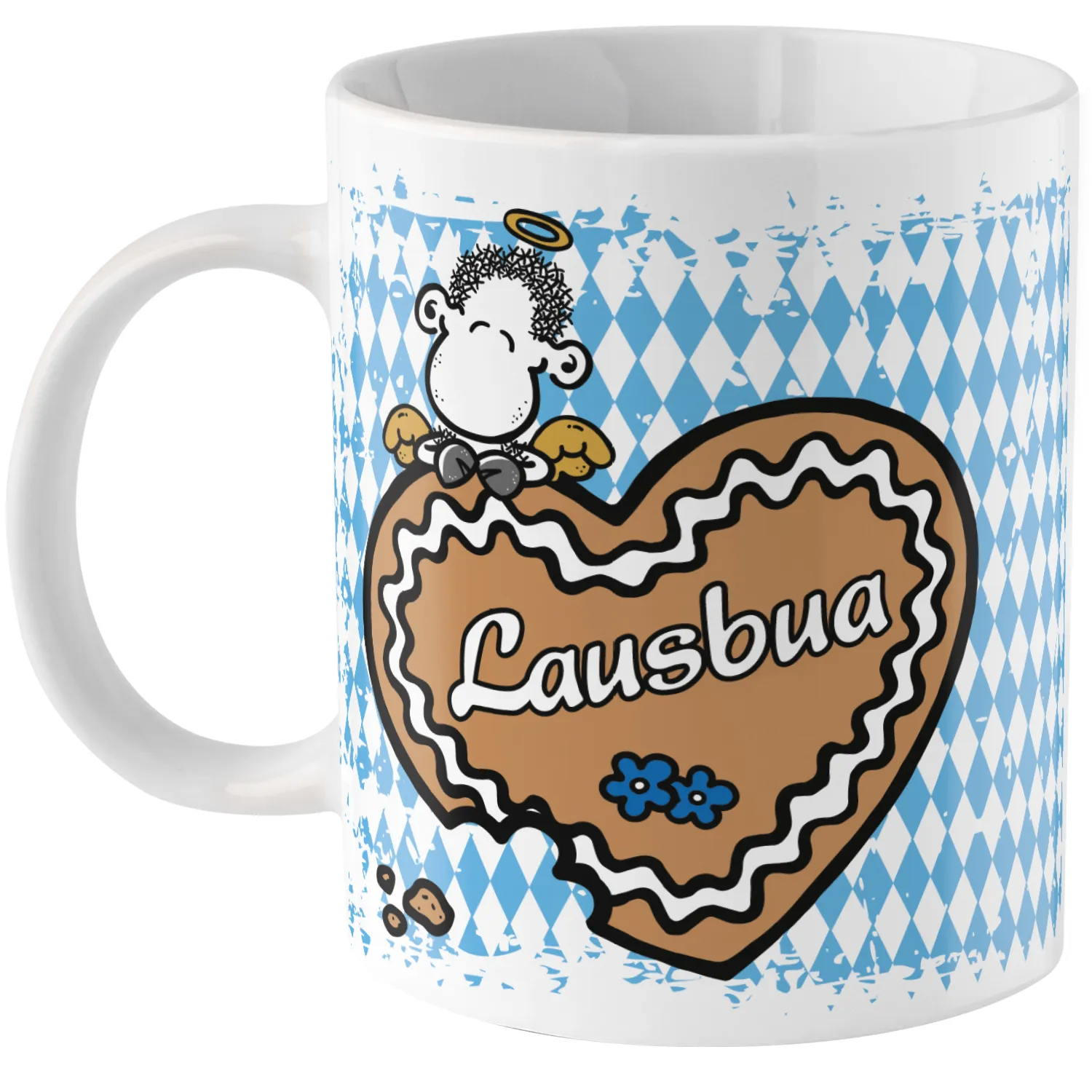 Weiße Keramik-Tasse mit blauem Diamantmuster, braunes Herz mit Lausbua-Schrift und Schäfchen.