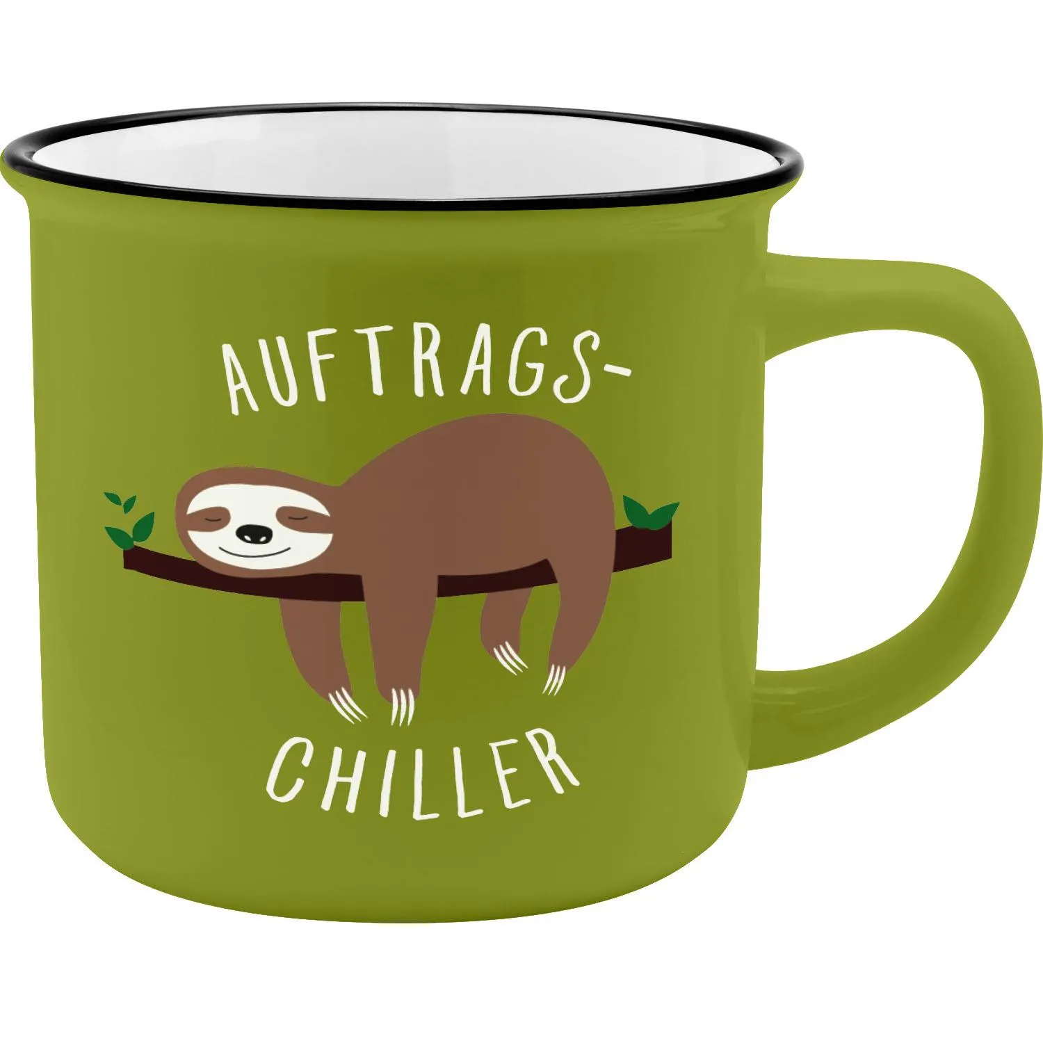 Grüne Porzellan-Tasse im Emaille-Look mit Schlaf Faultier auf Ast, 35 cl