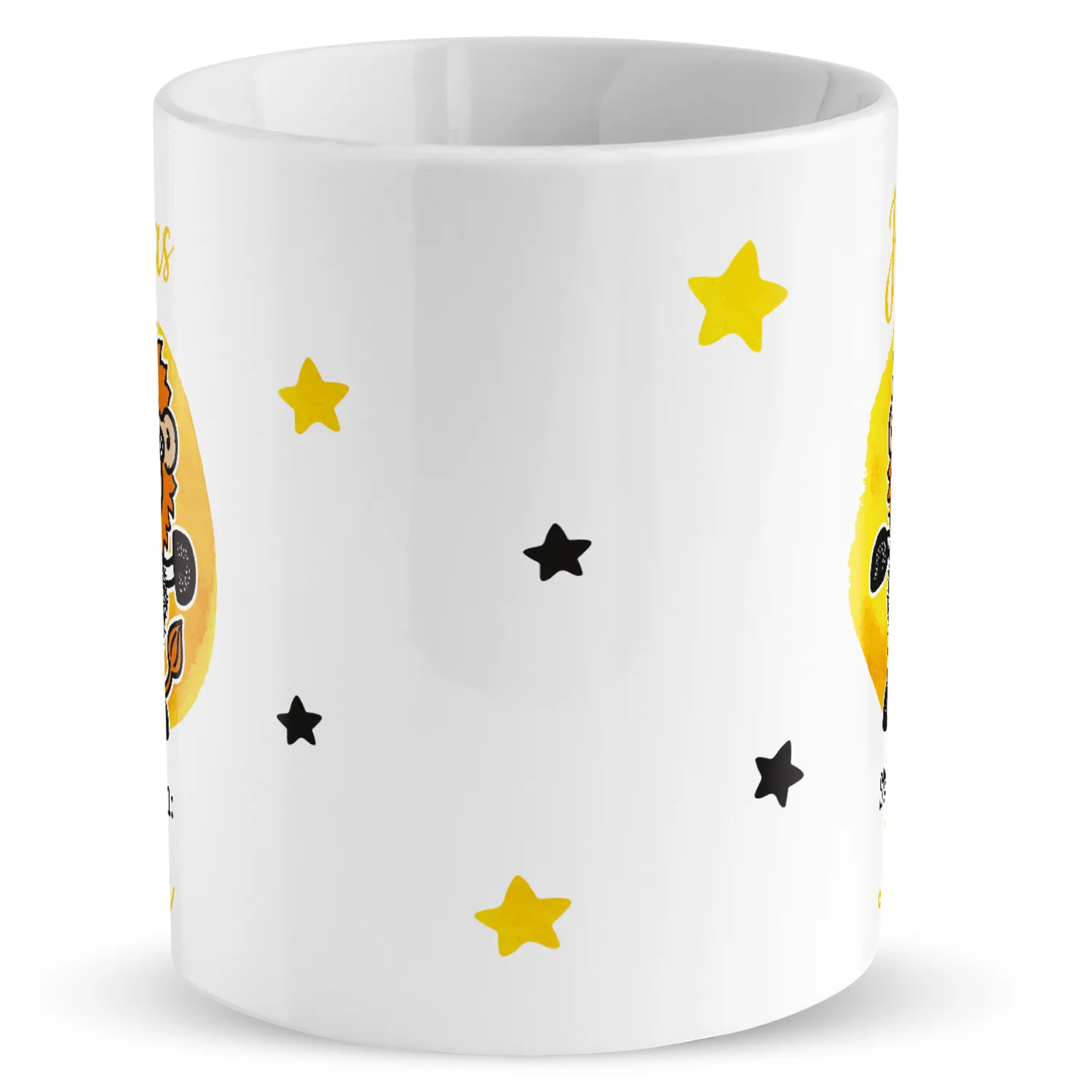 Weiße Porzellan-Tasse mit gelben und schwarzen Sternen, personalisiert mit Namen