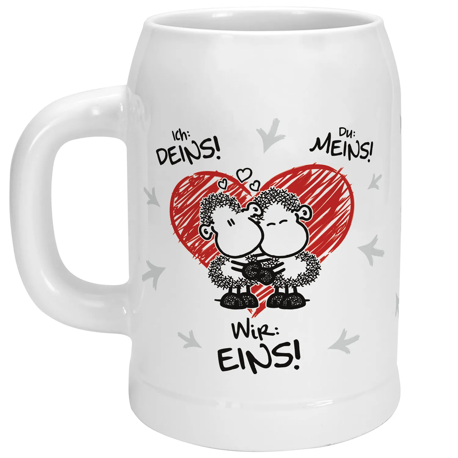 Bierkrug für Paare »Ich: Deins! Du: Meins! Wir: EINS!« mit Namen des Paares, weiß, personalisiert