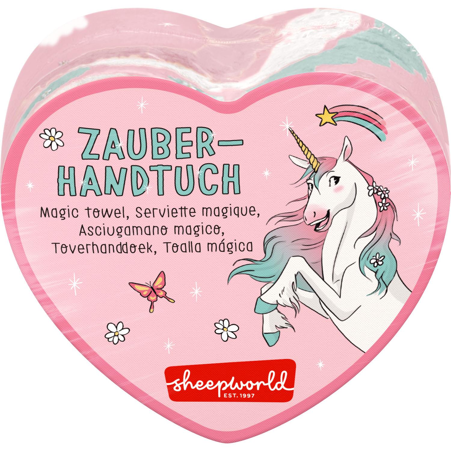 Rosa Herz-Handtuch mit Einhorn-Motiv; zauberndes Trockentuch – entfaltet sich im Wasser.