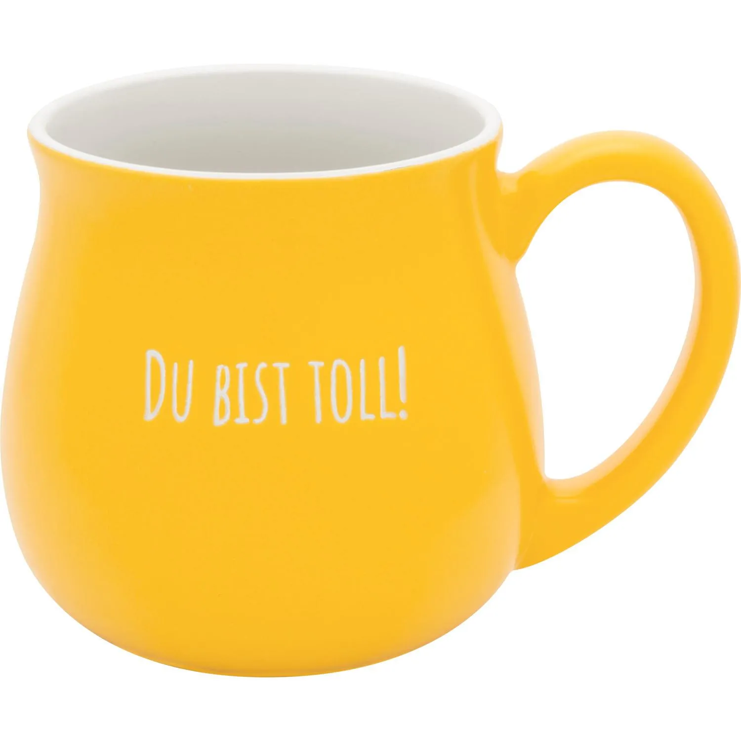 Gelbe bauchige Lieblingstasse mit weißem Innen und dem Spruch 'DU BIST TOLL!'