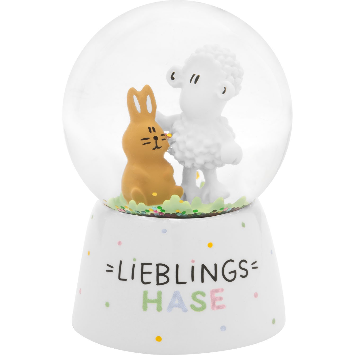 Schneekugel mit braunem Hase und weißem Schaf, bunter Glitter, auf weißer Basis mit 'LIEBLINGS HASE' Schrift