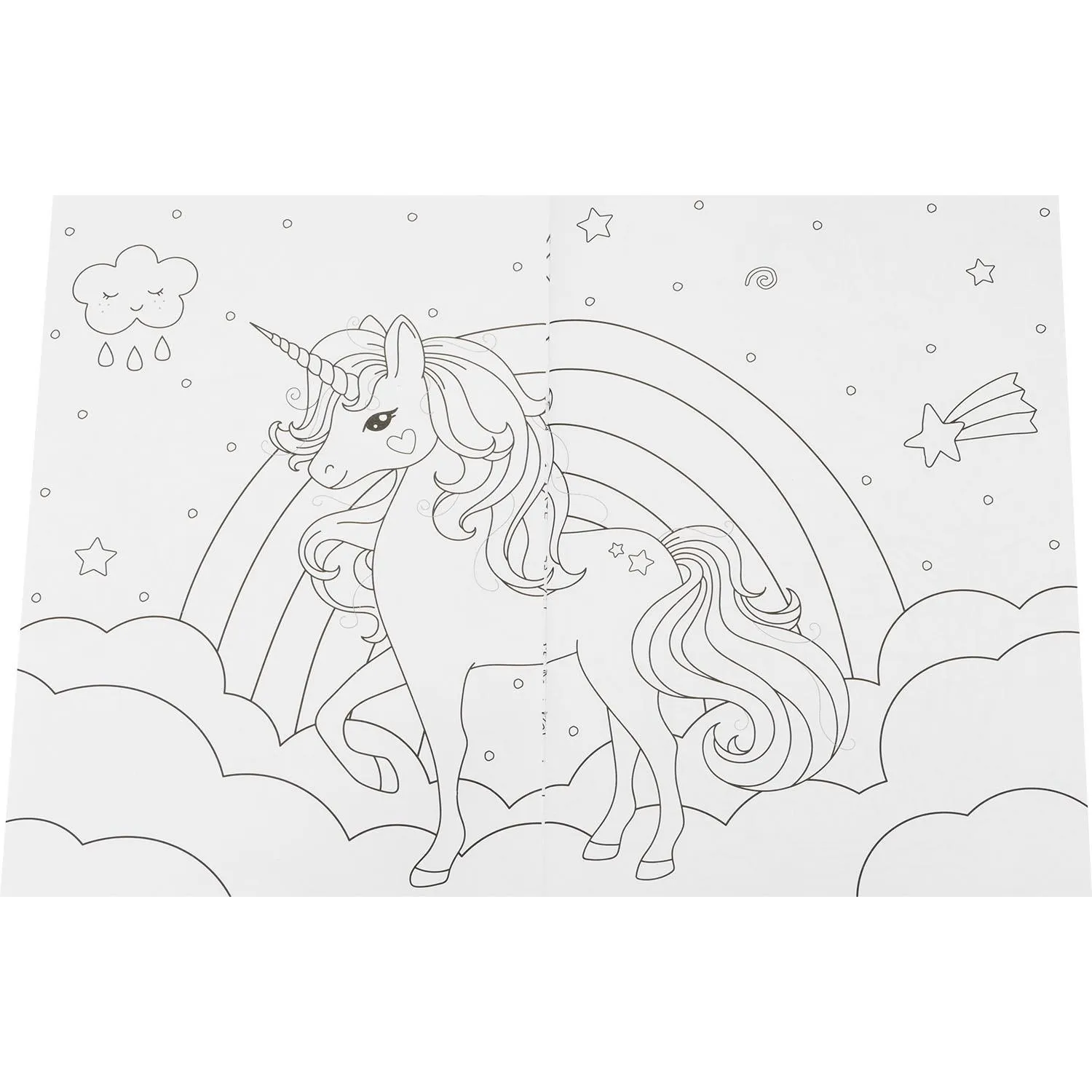 Unkolorierte Malvorlage eines Einhorns mit Regenbogen auf weißem Papier