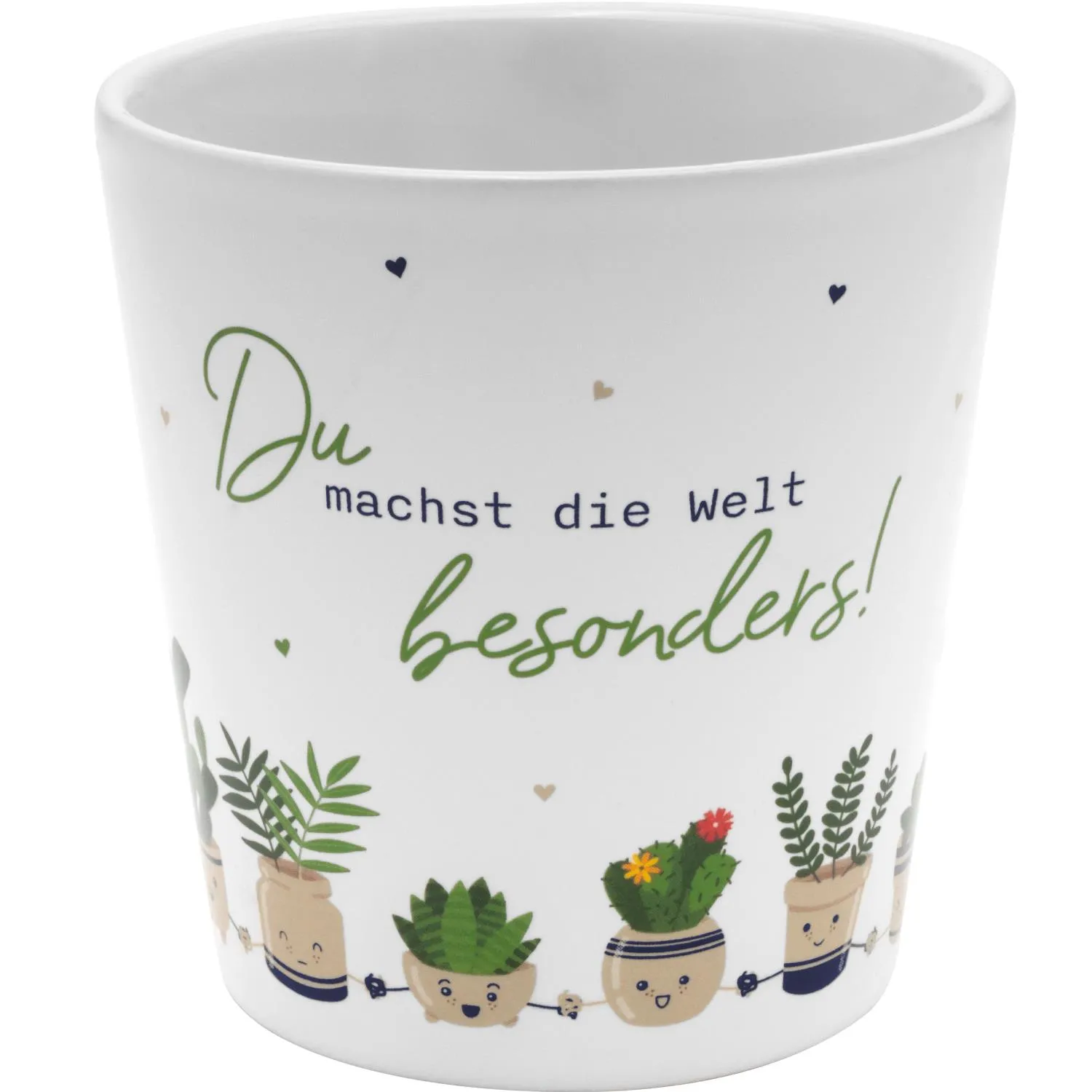 Weißer Keramik-Blumenübertopf mit Motivdruck und Pflanzendetails, Durchmesser 10 cm, Höhe 10,5 cm.