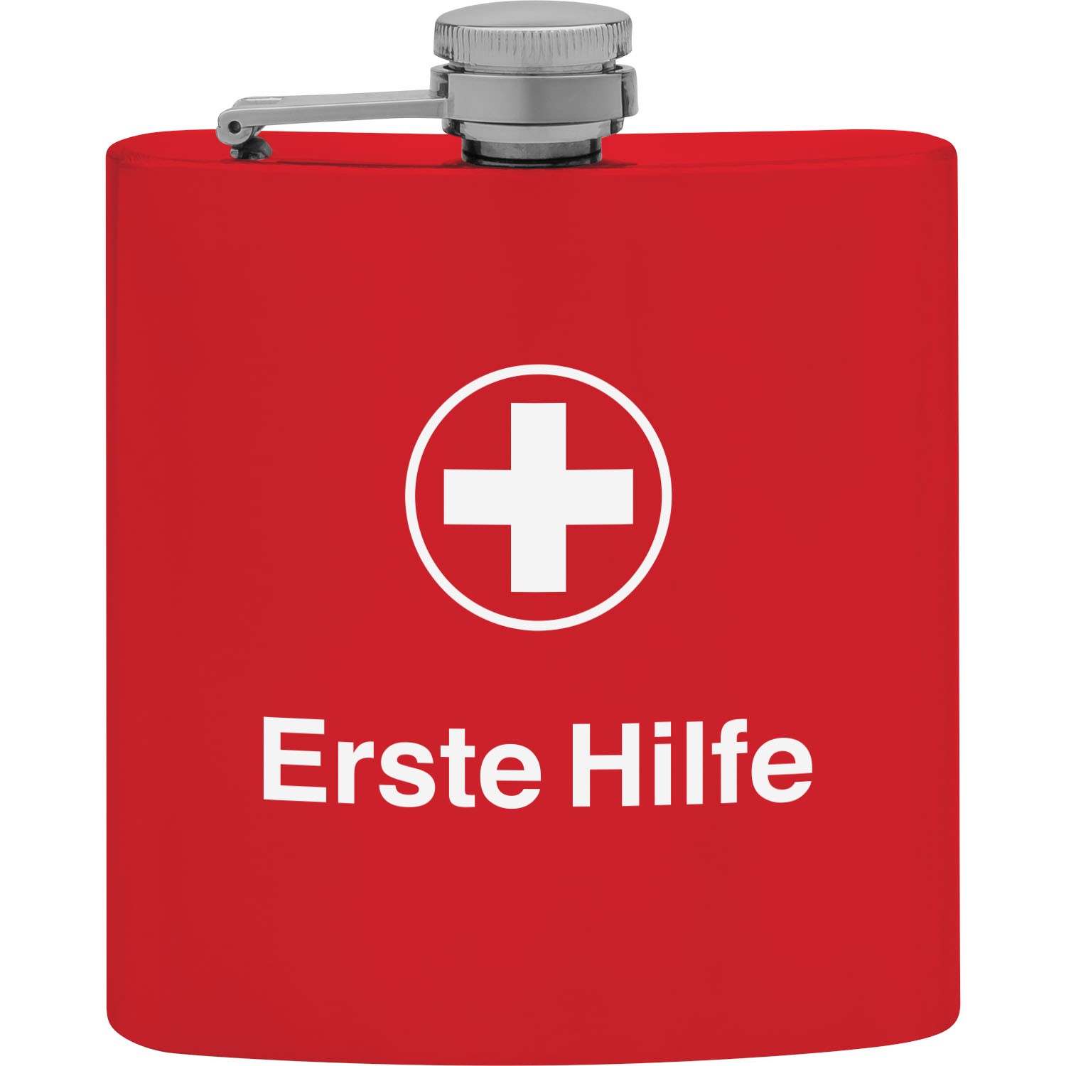 Roter Flachmann aus Edelstahl mit weißem Kreuzmotiv (Erste Hilfe)