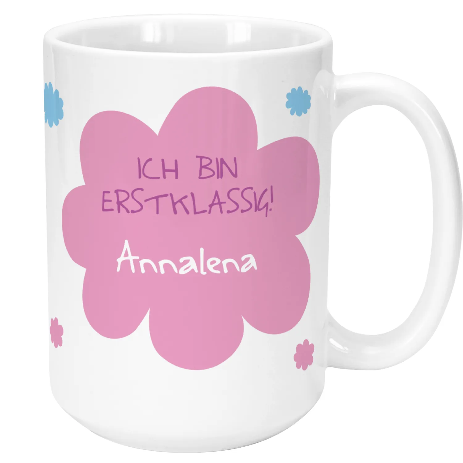 Weiße Keramik-Tasse mit großer rosa Blume und personalisiertem Namen