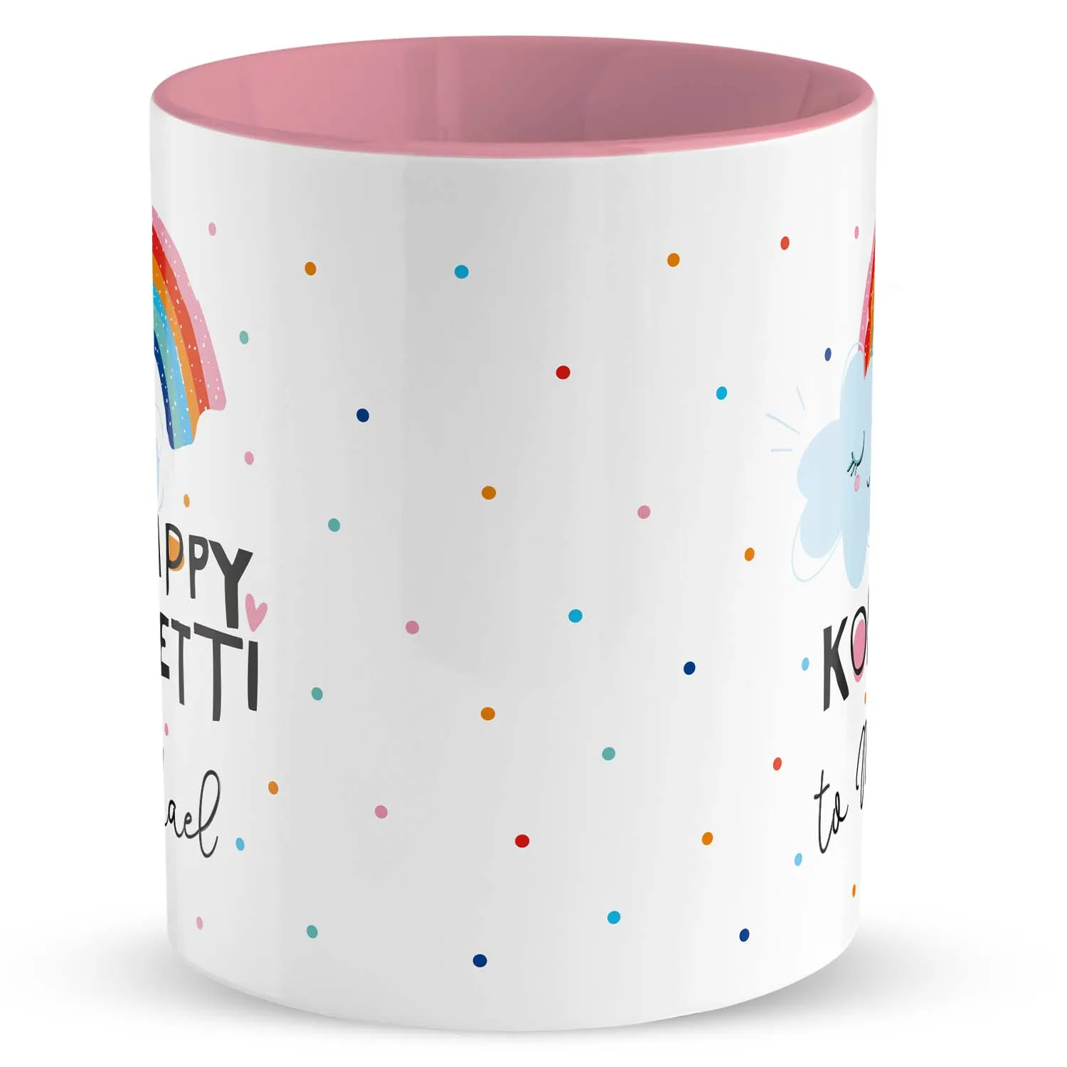 Weiße Porzellankaffeetasse mit rosa Innenrand, Regenbogen und buntem Konfetti-Motiv.