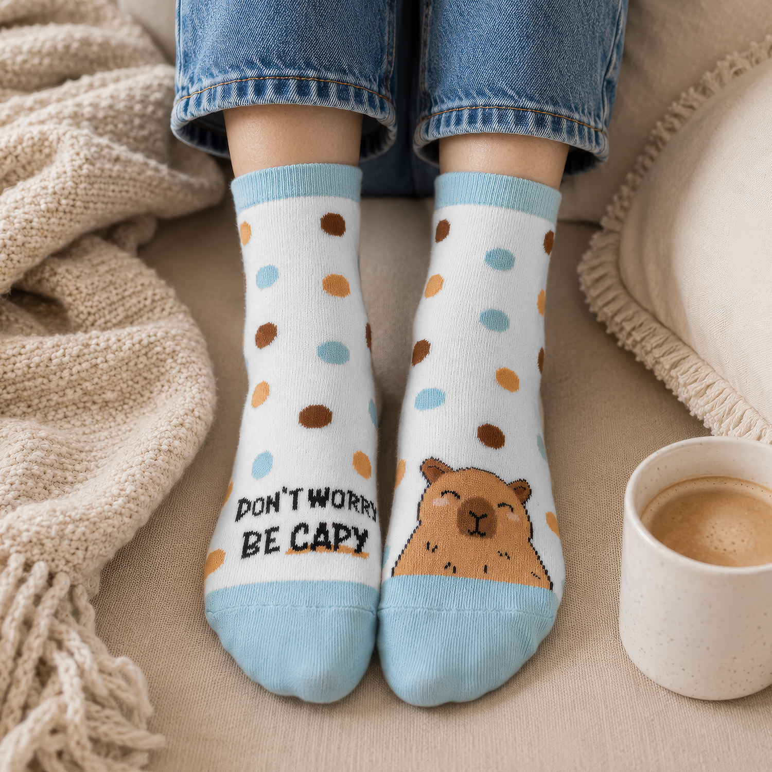 Weiße Zaubersocken mit Capybara-Motiv, blaue Tupfen und Text 'DON'T WORRY BE CAPY'