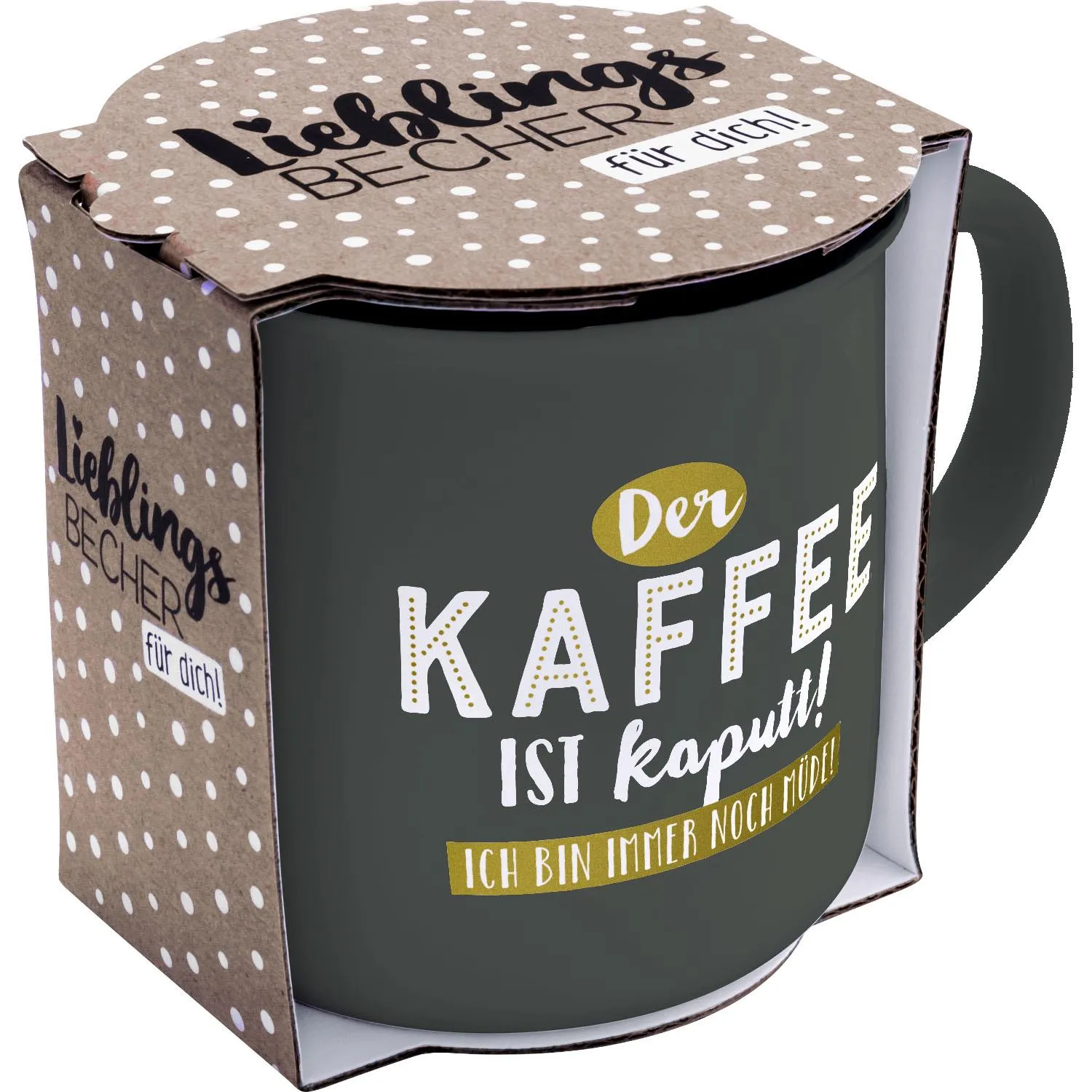 Dunkle Keramiktasse mit weißer Aufschrift 'Der Kaffee ist kaputt!' in Verpackung mit Tupfen