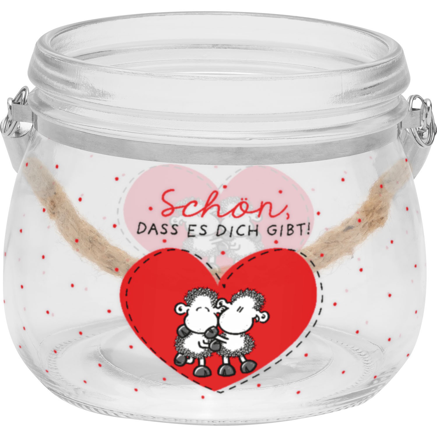 Glas-Windlicht mit rotem Herzmotiv und zwei Schafen, Metallgriff und Juteseil