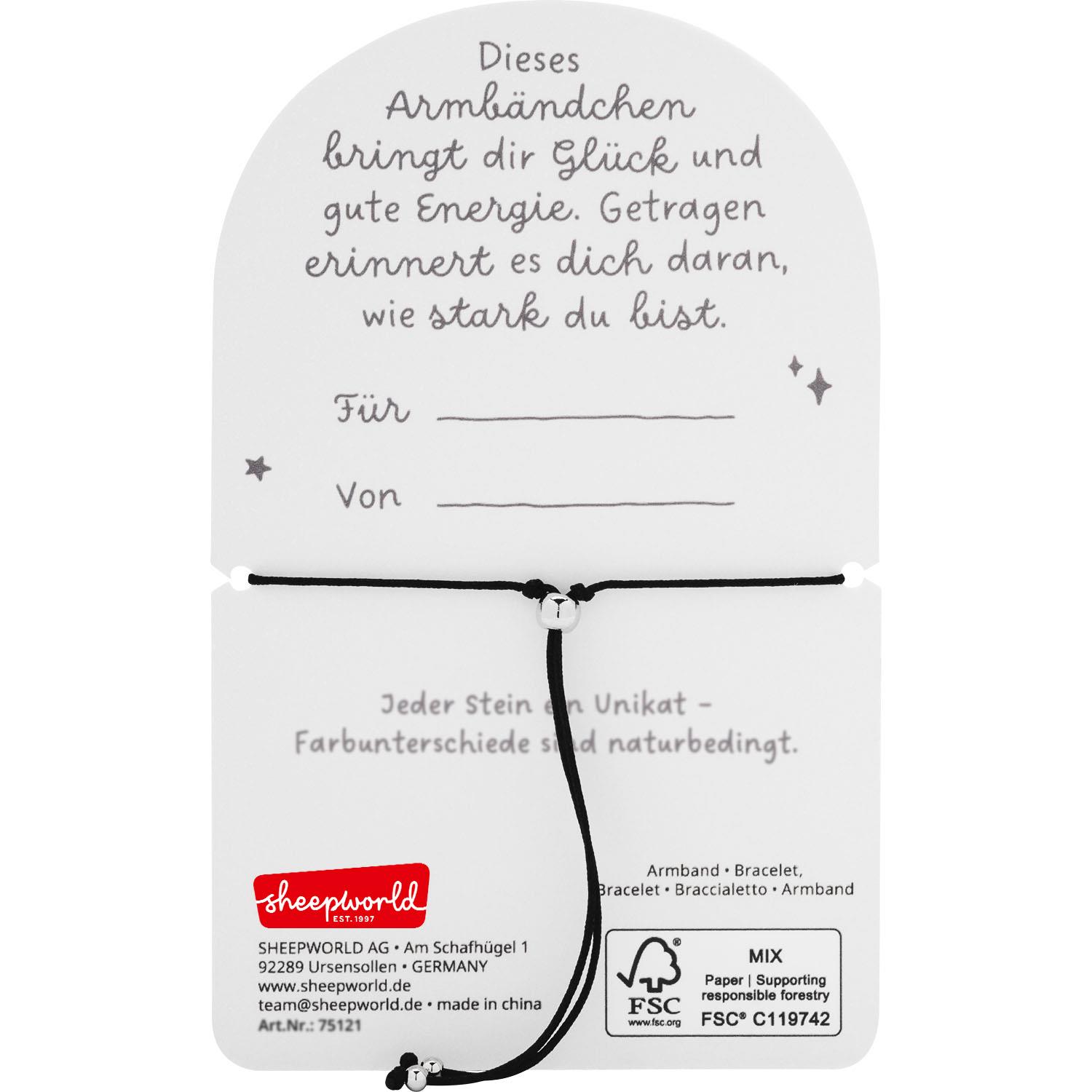 Schwarzes Armband aus Onyx-Halbedelsteinen, verstellbar, auf weißer Karte.