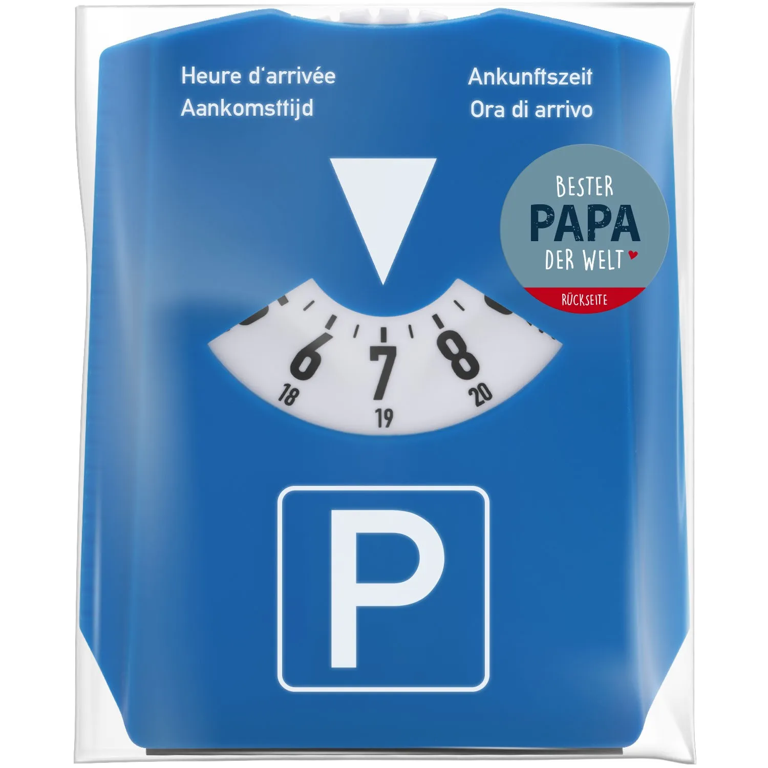 Blaue Parkscheibe mit Ziffernrad und 'Best Papa der Welt'-Sticker