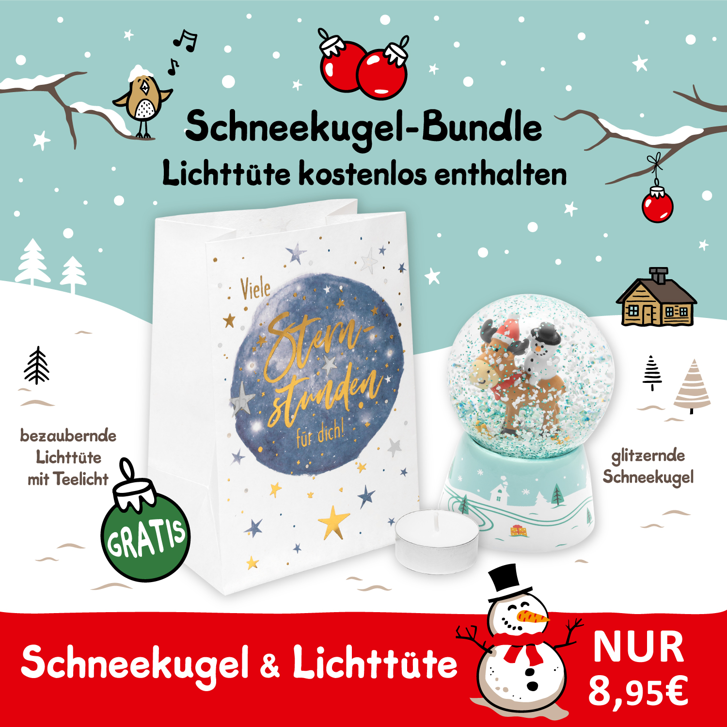 Schneekugel-Set »Elch & Schneemann – Lichtertüte gratis.«