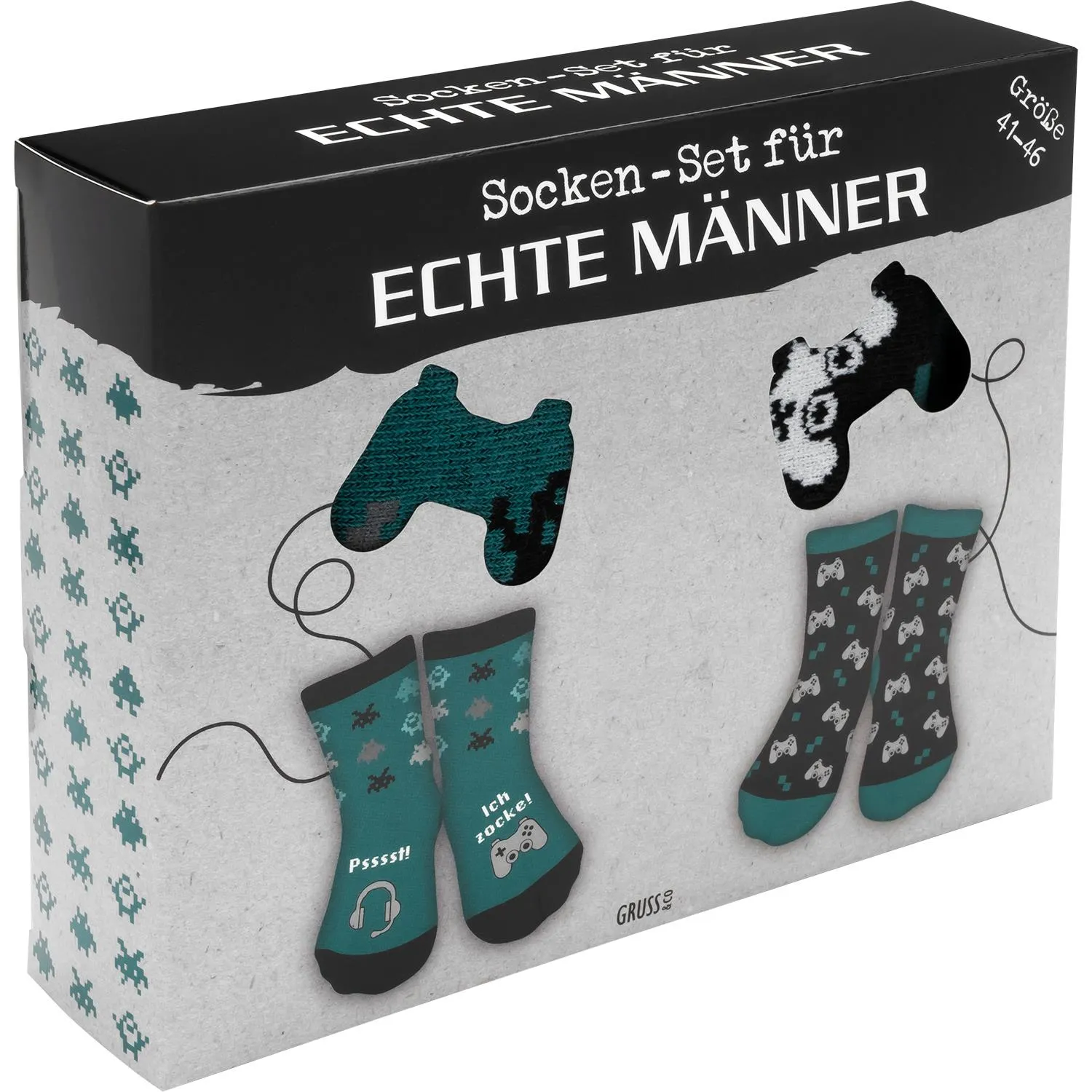 Socken-Set mit Gaming-Controller-Motiven in Geschenkbox.