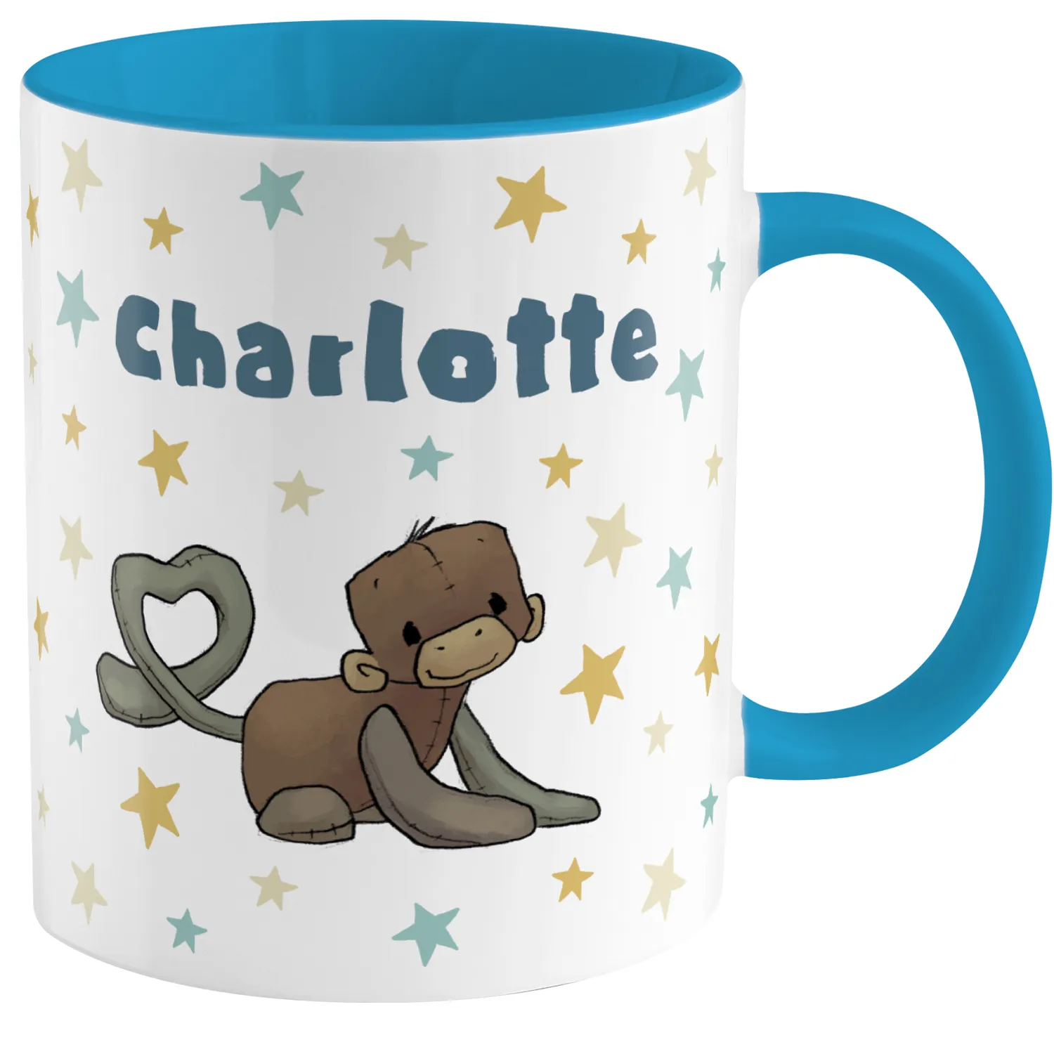 Personalisierte Porzellanstasse, blaues Innenleben, Name Charlotte, Monkey-Motiv, Sternen-Druck