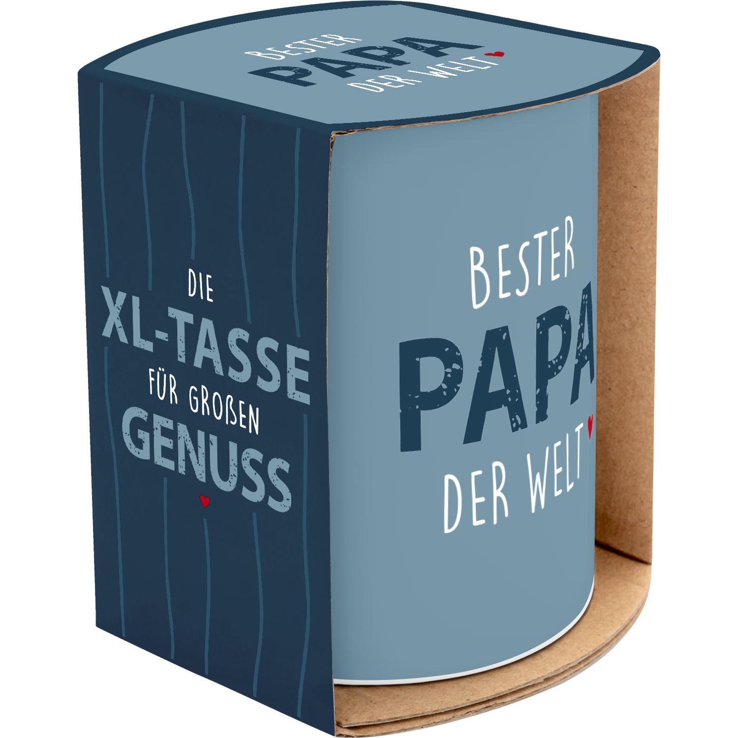 XL-Tasse 'Best Papa der Welt' in Blau mit rotem Herz, Geschenkbanderole.