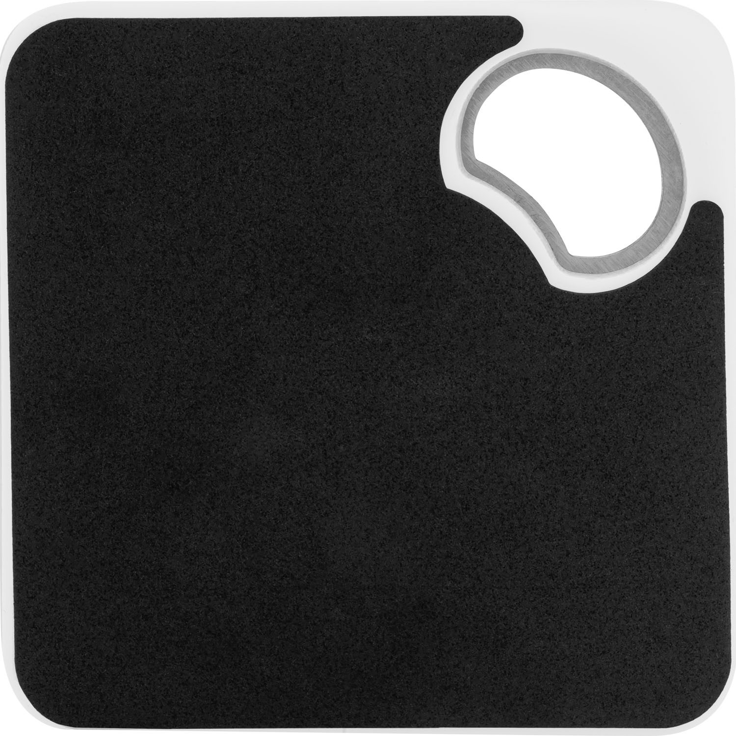 Schwarzer Untersetzer mit integriertem Flaschenöffner, 9,5 × 9,5 cm, Moosgummi-Unterseite.