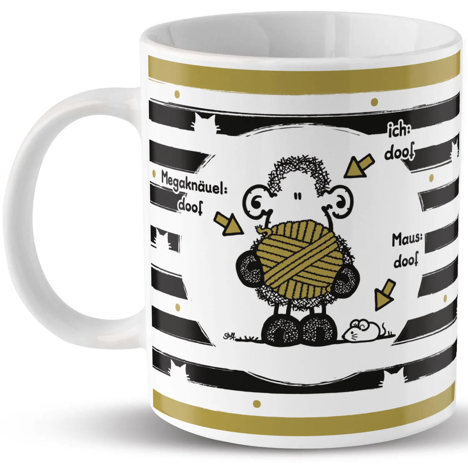 Weiße Porzellantasse mit Schäfchen-Motiv, schwarzen Streifen und goldenen Akzenten.