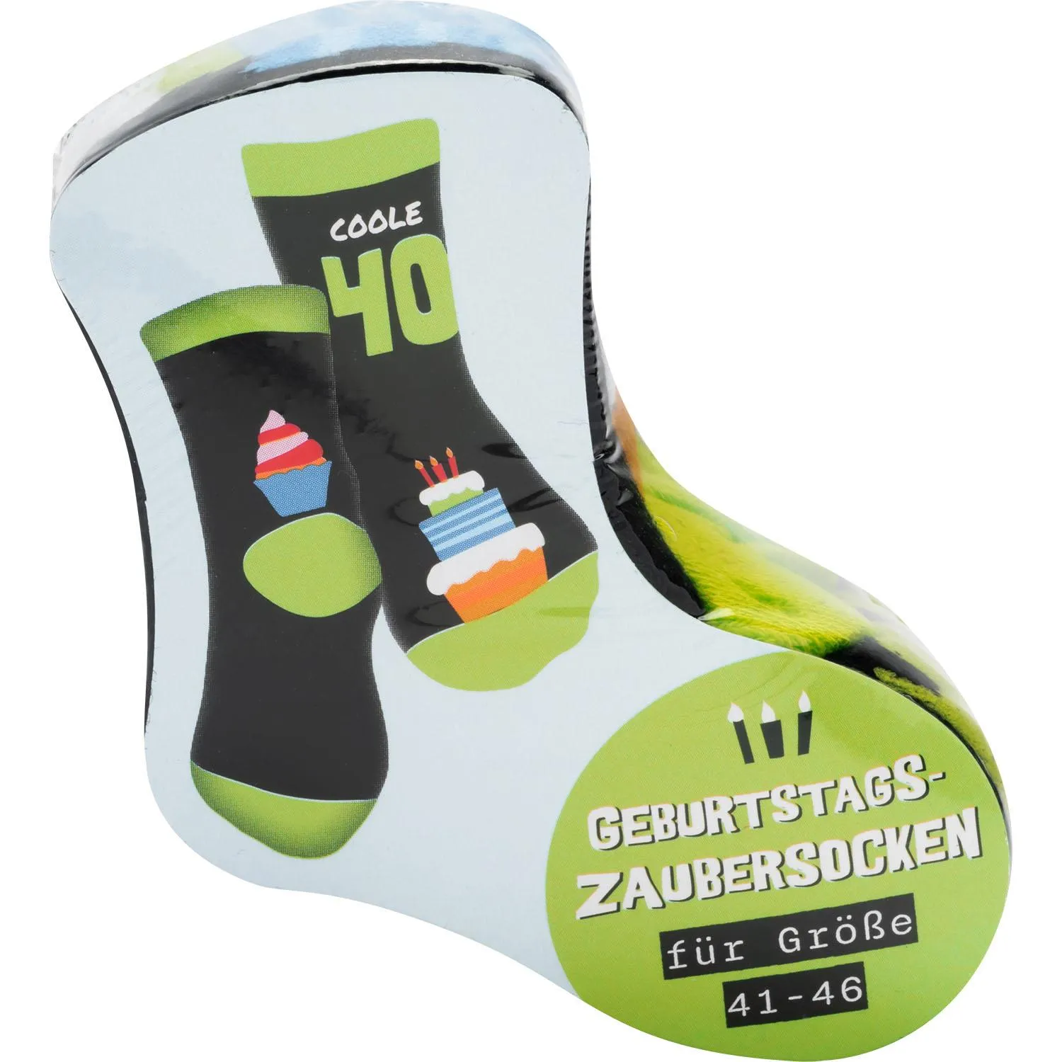 Zaubersocken „Coole 40“ – Größe 41–46, Geburtstag-Motiv mit Kuchen-Design auf schwarzem Grund