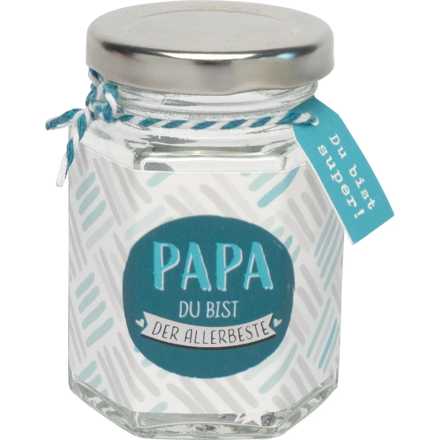 Kleines Glasgeschenk mit silbernem Deckel, blauem Label 'Papa, du bist der Allerbeste'