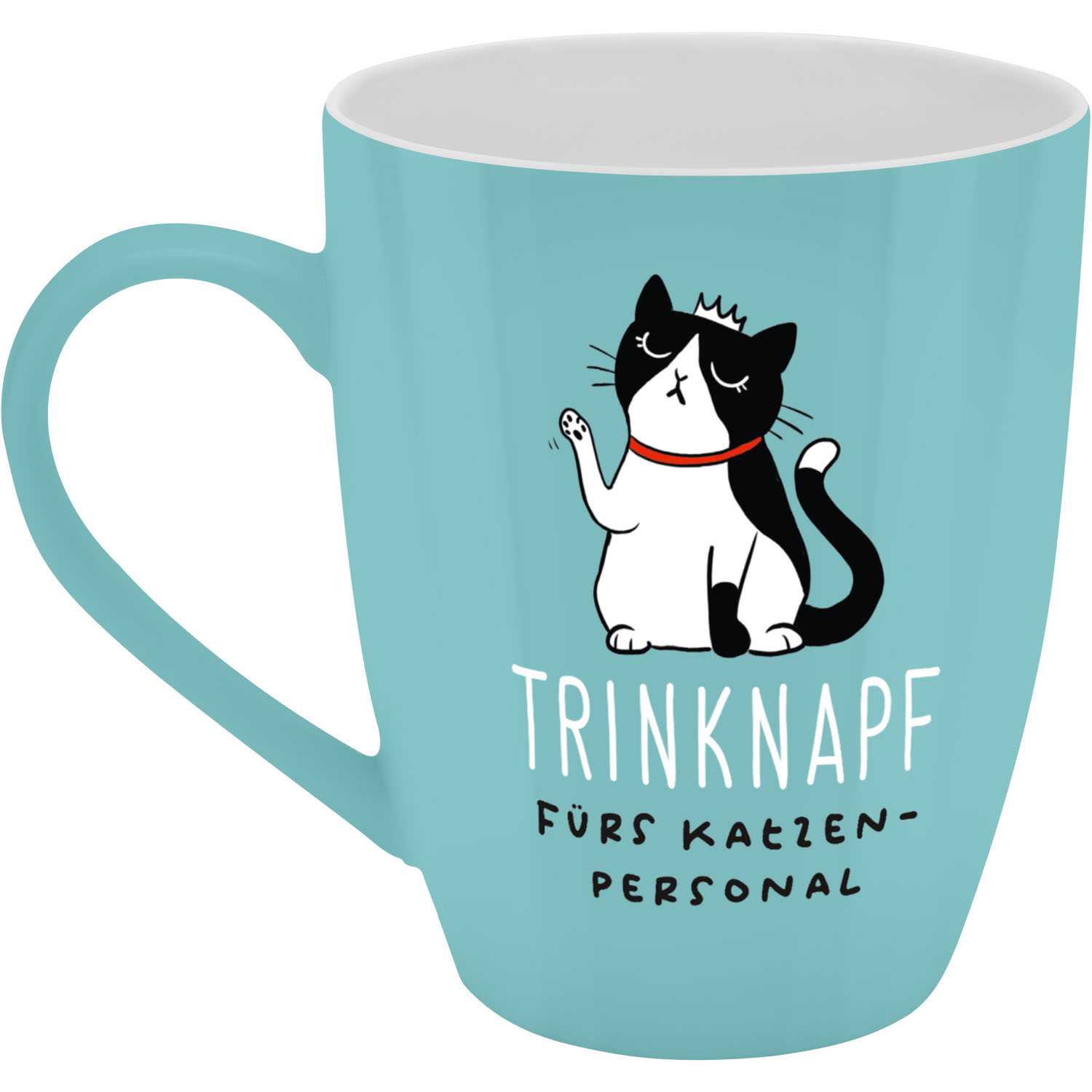 Pastellblauer Becher mit Katzenillustration und Krone
