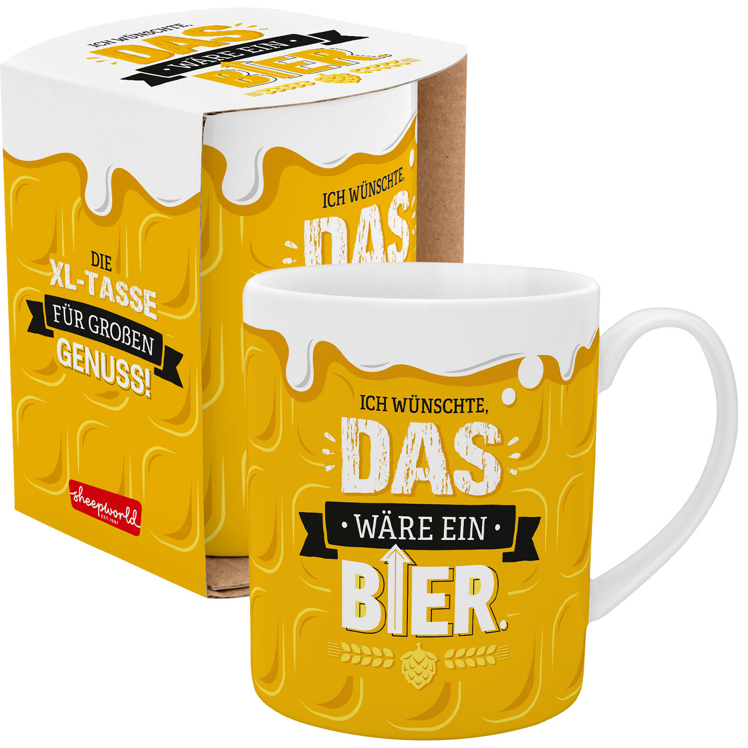 XL-Tasse Porzellan gelb mit Bier-Motiv und weißem Henkel