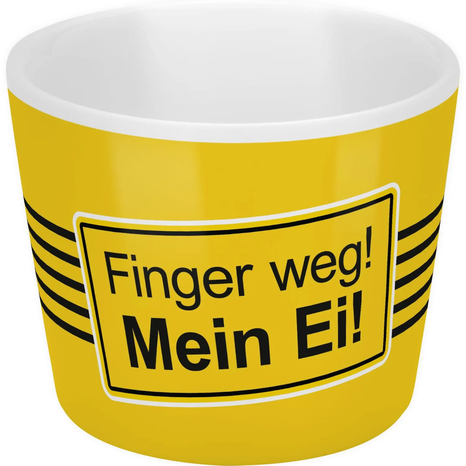 Gelber Porzellan-Eierbecher mit Spruch 'Finger weg! Mein Ei!'