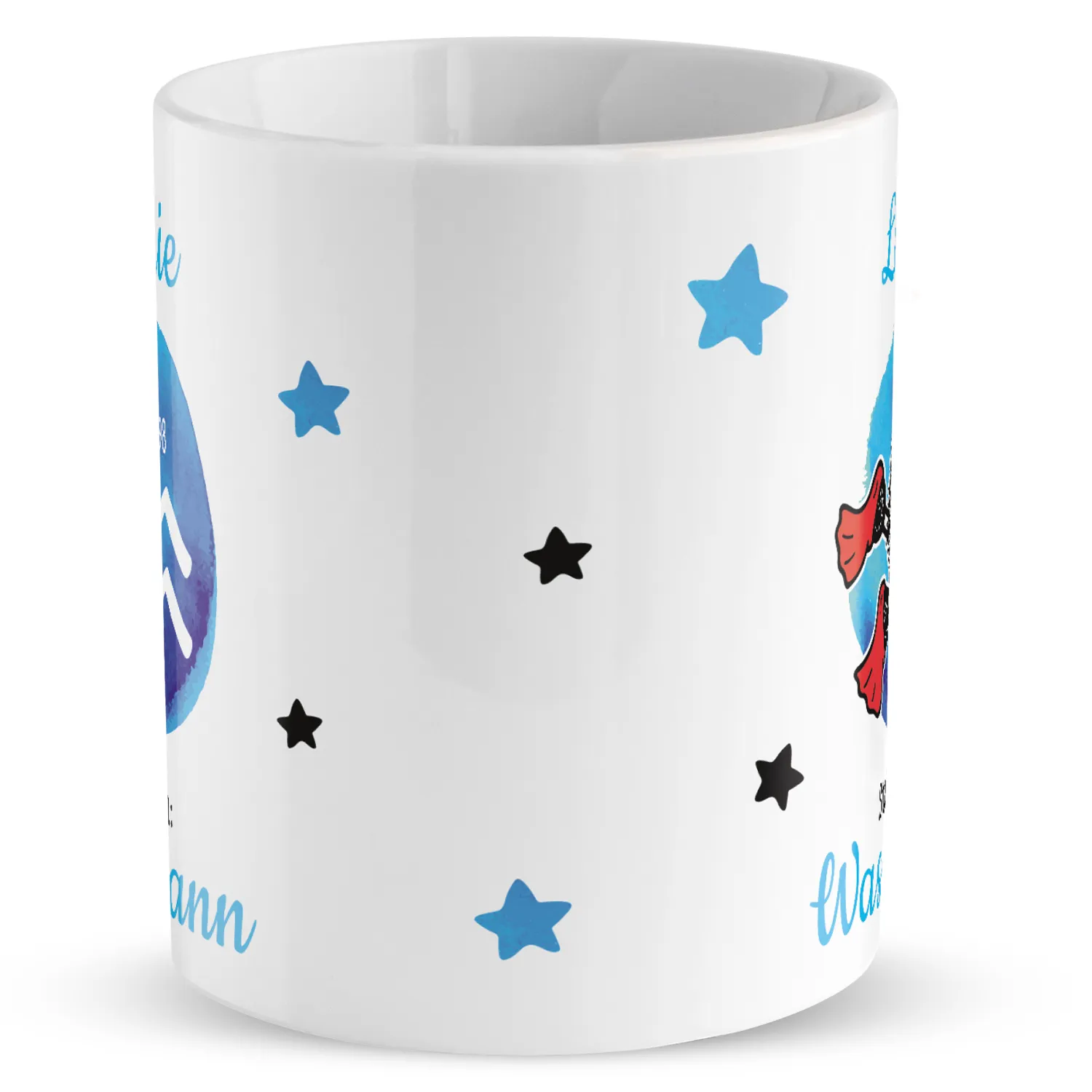 Weiße Porzellan-Tasse mit Sternzeichen Wassermann und Schäfchen-Motiv, personalisiert.