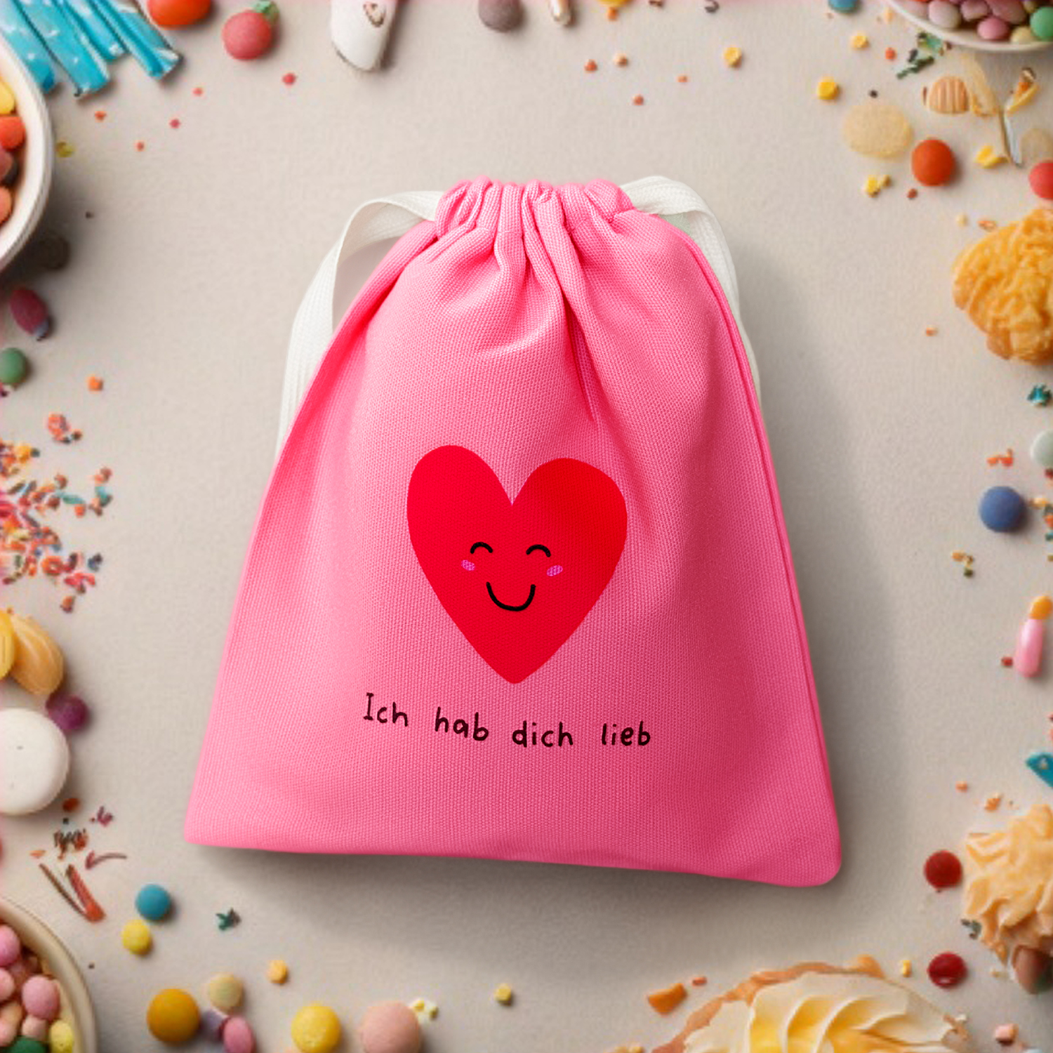 Rosa Geschenksäckchen mit Herz-Motiv und 'Ich hab dich lieb' Druck