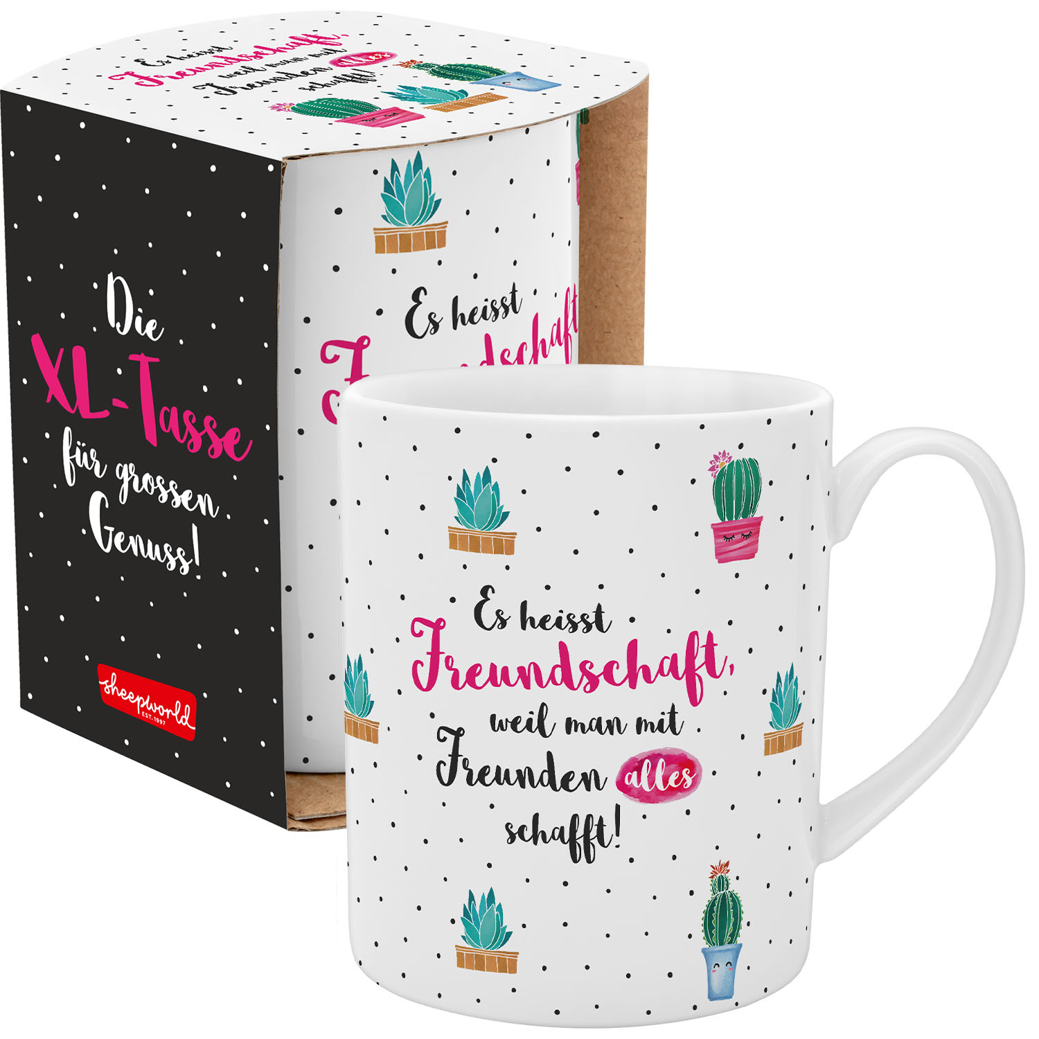 Weiße XL-Tasse mit schwarzen Punkten, Kaktuspflanzenmotiven und Freundschaftsspruch
