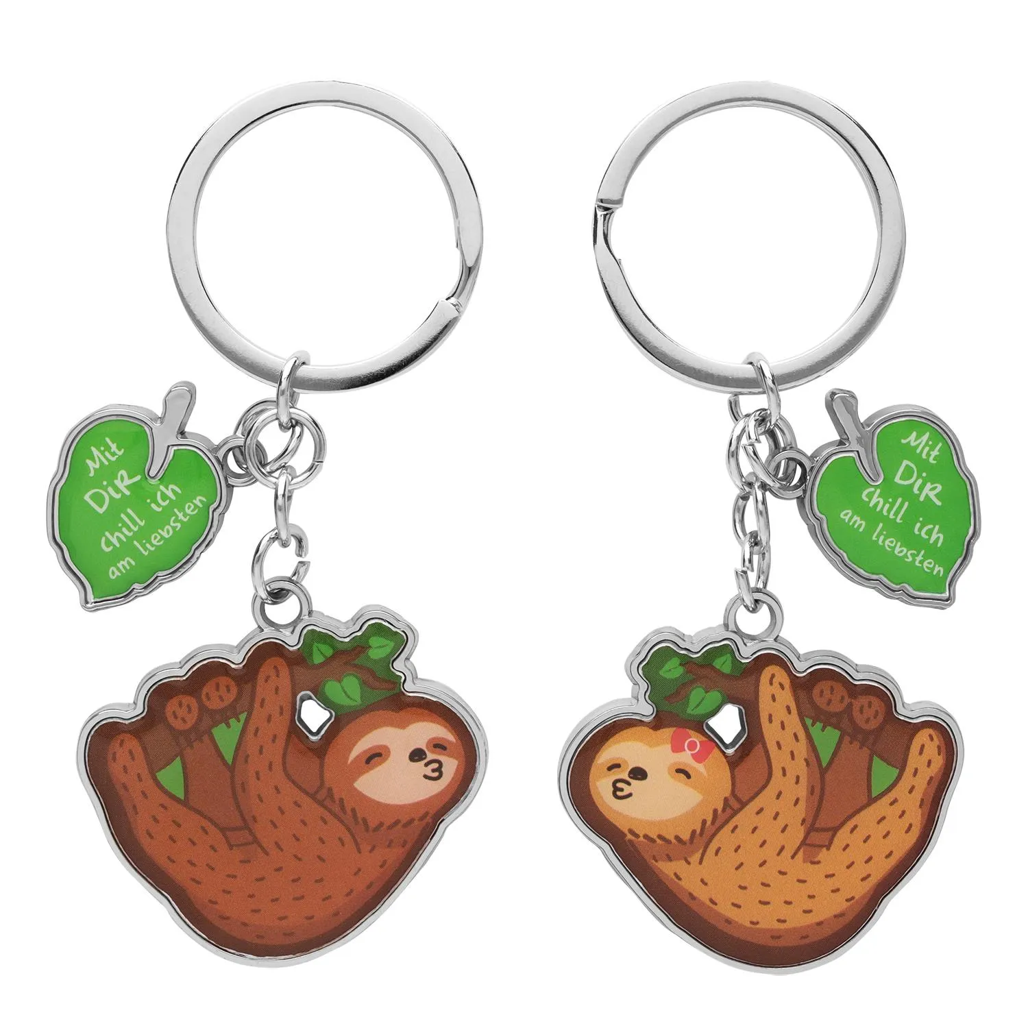 Zwei Faultier-Schlüsselanhänger mit grünem Blattform-Anhänger – Paar-Geschenk