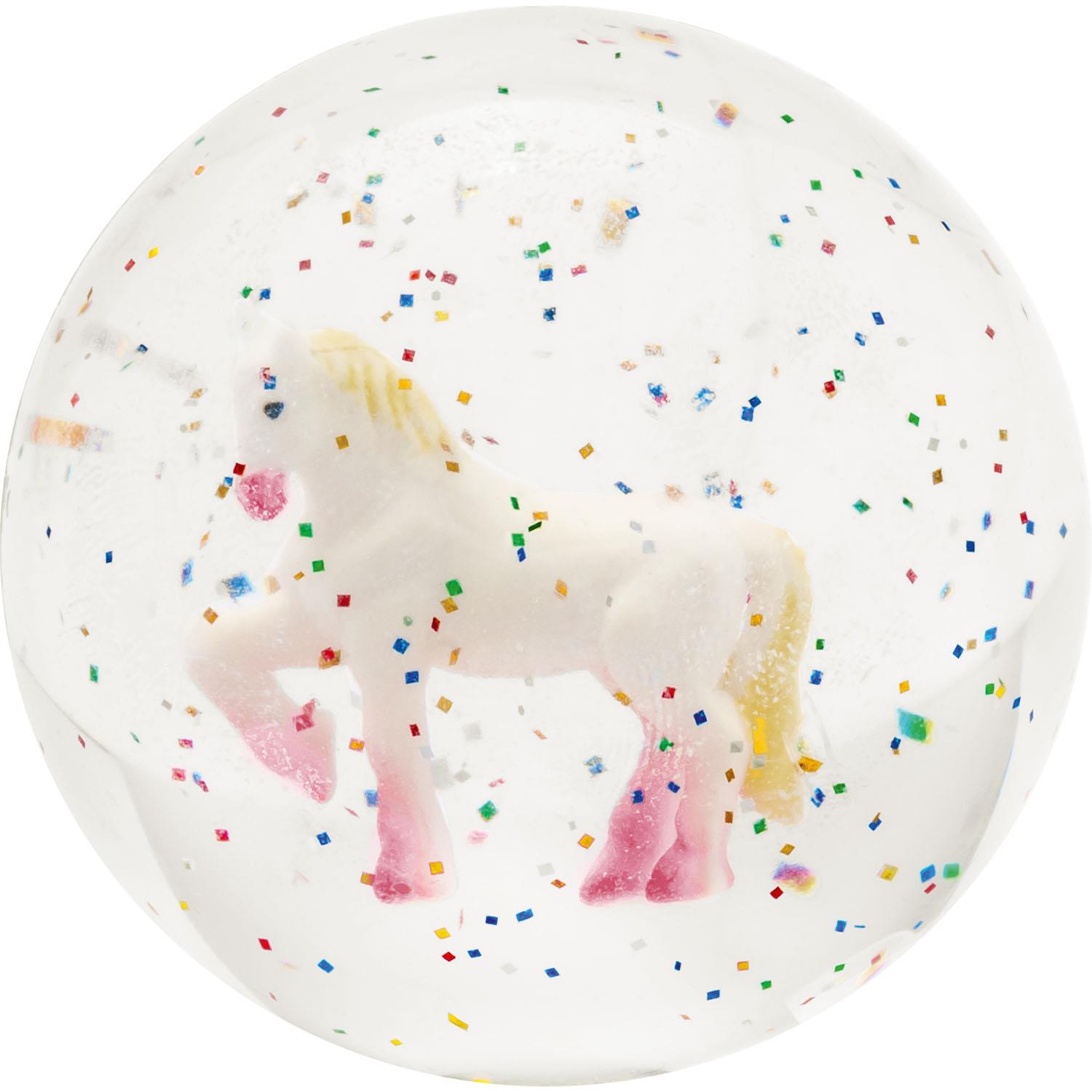 Weißer Glitzer-Flummi-Kugel mit 3D-Einhornfigur und buntem Konfetti